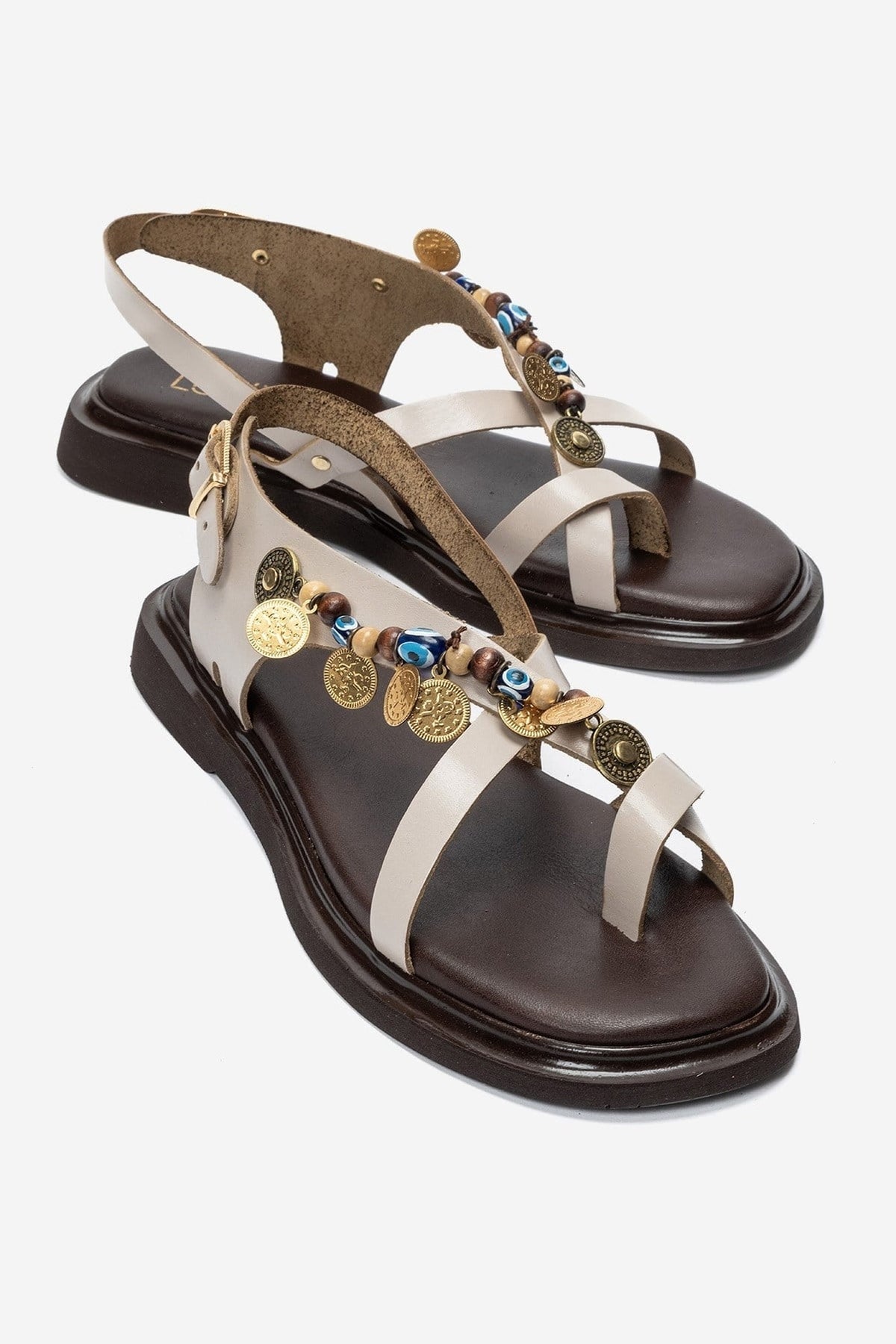 HUSH - Cream Genuine Leather Beaded Toe-Post Sandal – front three-quarter view showing leather, beaded, Vowalisse
