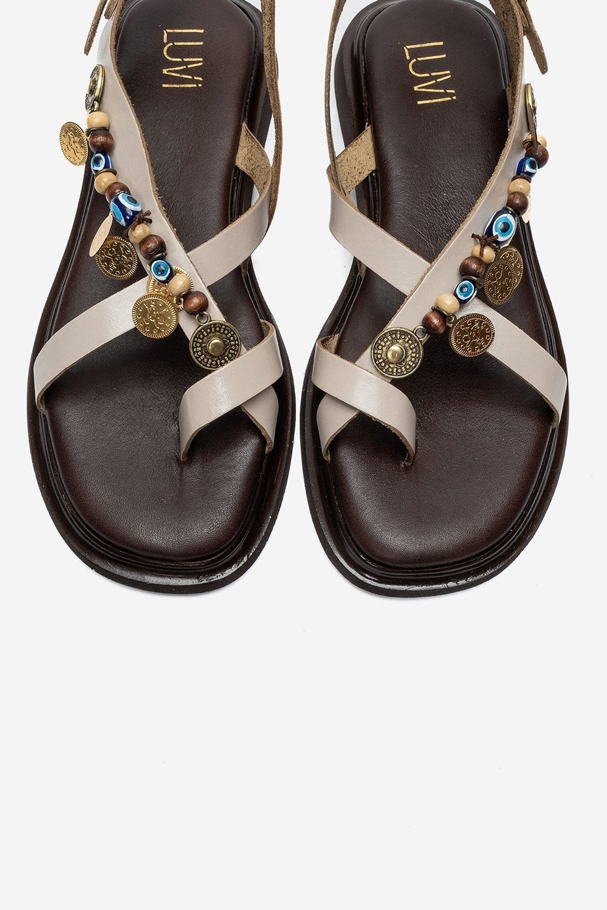 HUSH - Cream Genuine Leather Beaded Toe-Post Sandal – side view showing leather, beaded, Vowalisse