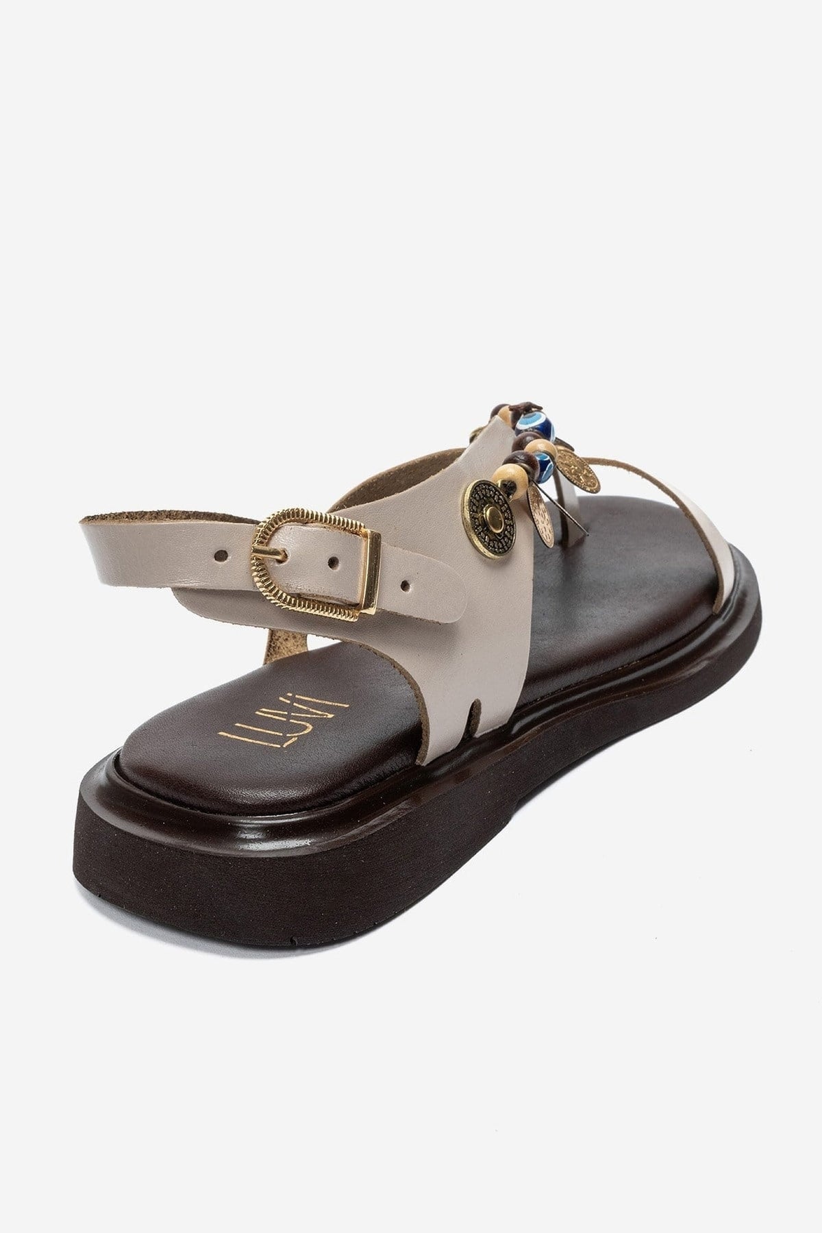 HUSH - Cream Genuine Leather Beaded Toe-Post Sandal – back view showing leather, beaded, Vowalisse