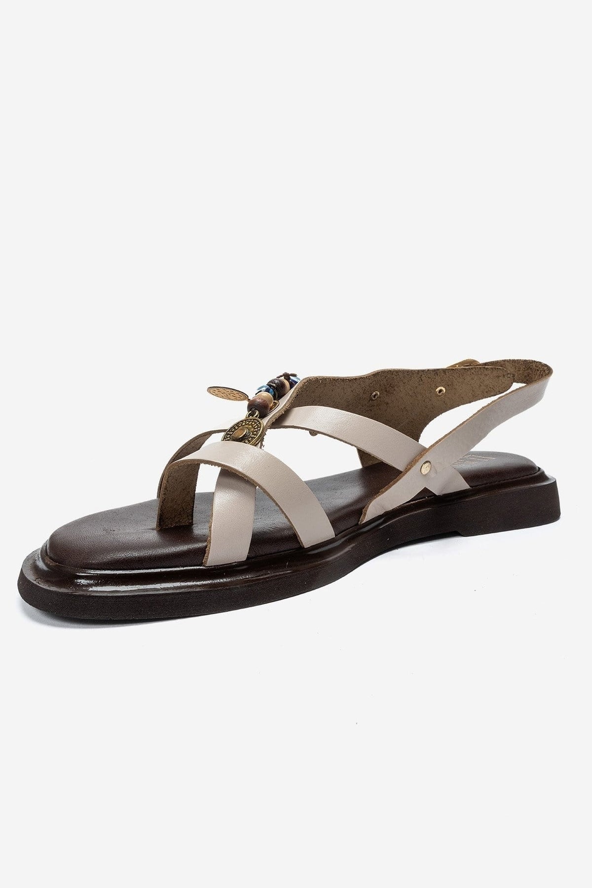 HUSH - Cream Genuine Leather Beaded Toe-Post Sandal – top view showing leather, beaded, Vowalisse