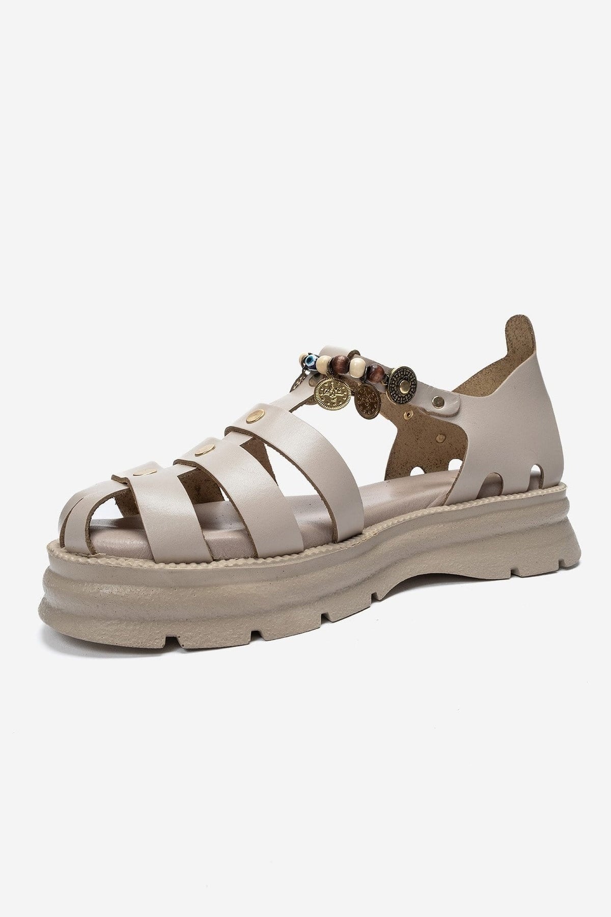 SOLIS - Cream Genuine Leather Beaded Sandal – top view showing leather, beaded, Vowalisse