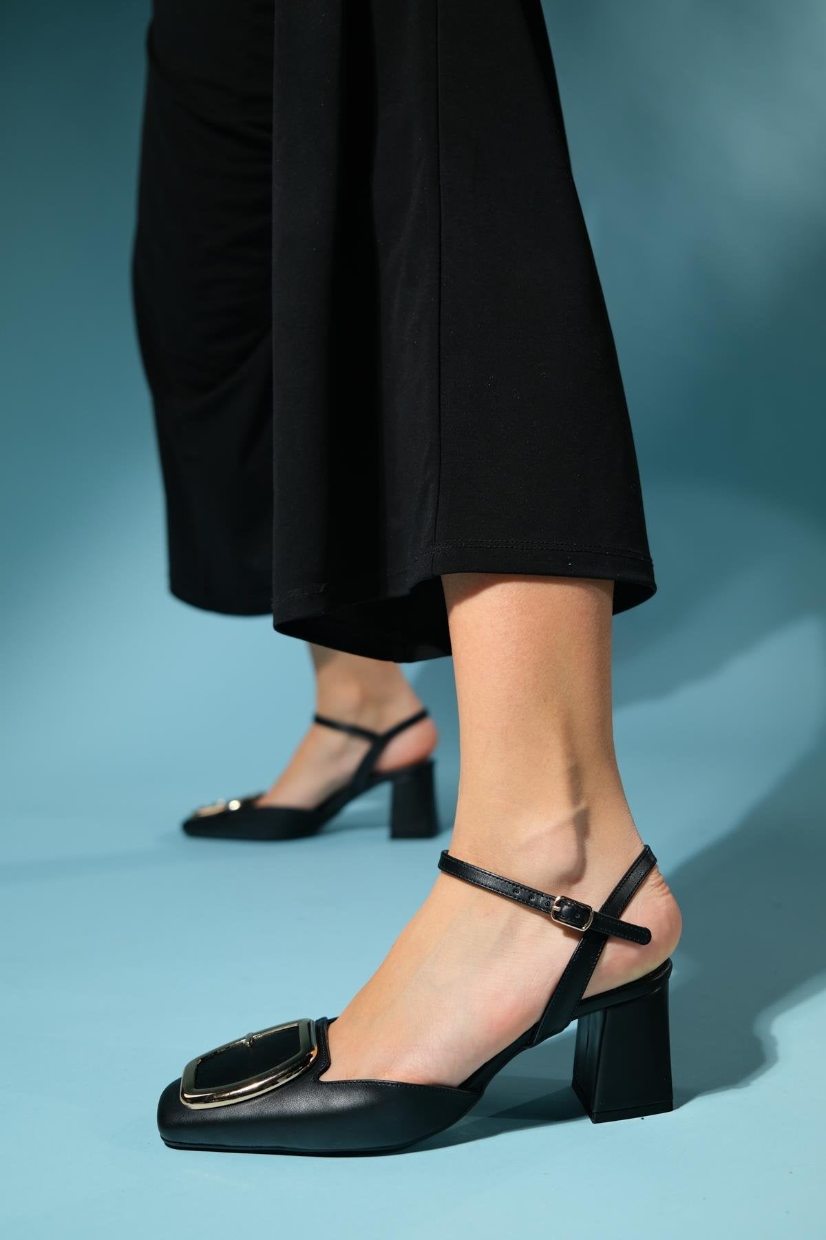 Tieno - Black Backless Block Heel Shoe – back view showing leather, black, Vowalisse