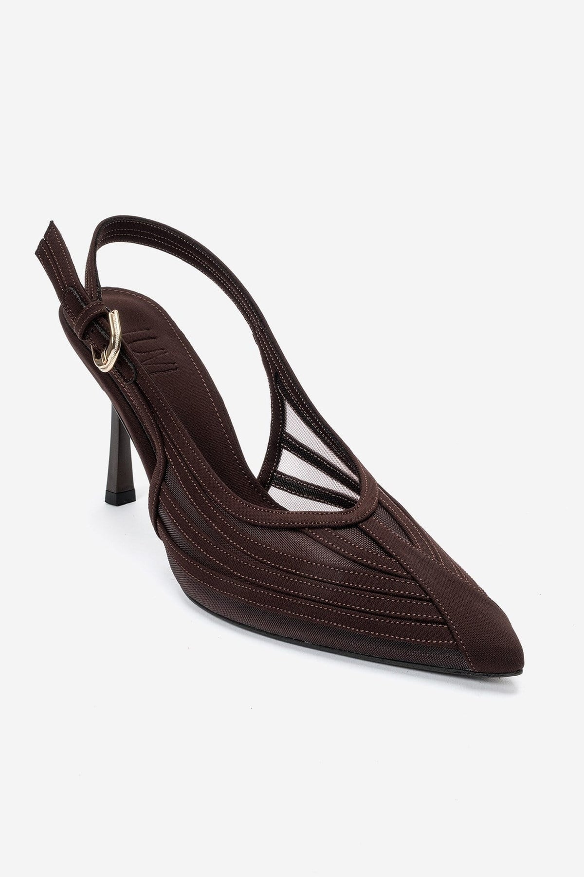 Fauna - Dark Brown Satin Stiletto Pump – detail view showing satin, Vowalisse