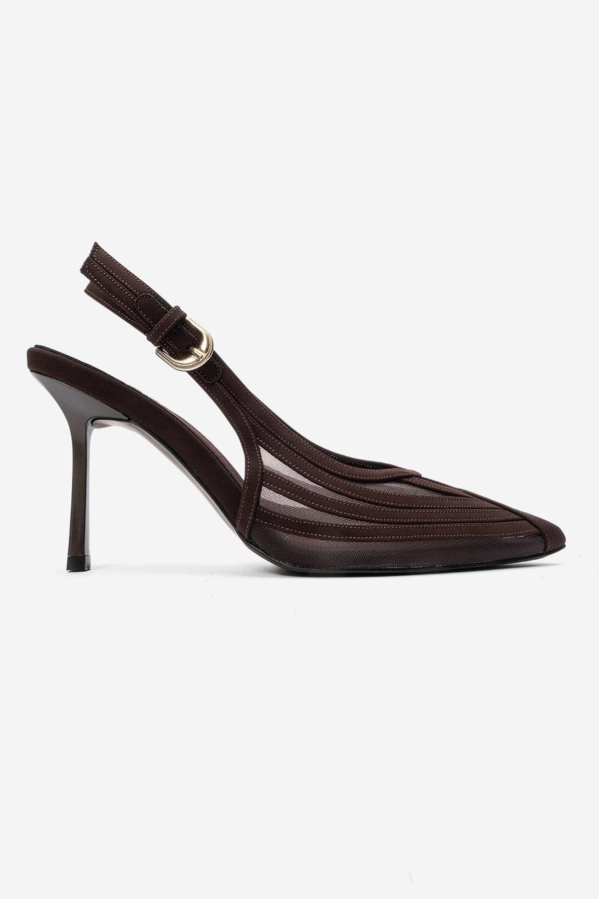 Fauna - Dark Brown Satin Stiletto Pump – heel view showing satin, Vowalisse