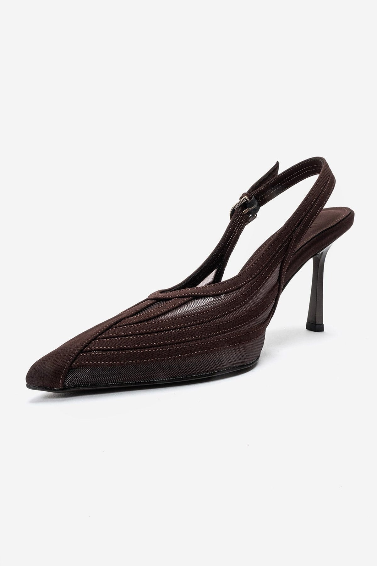 Fauna - Dark Brown Satin Stiletto Pump – top view showing satin, Vowalisse