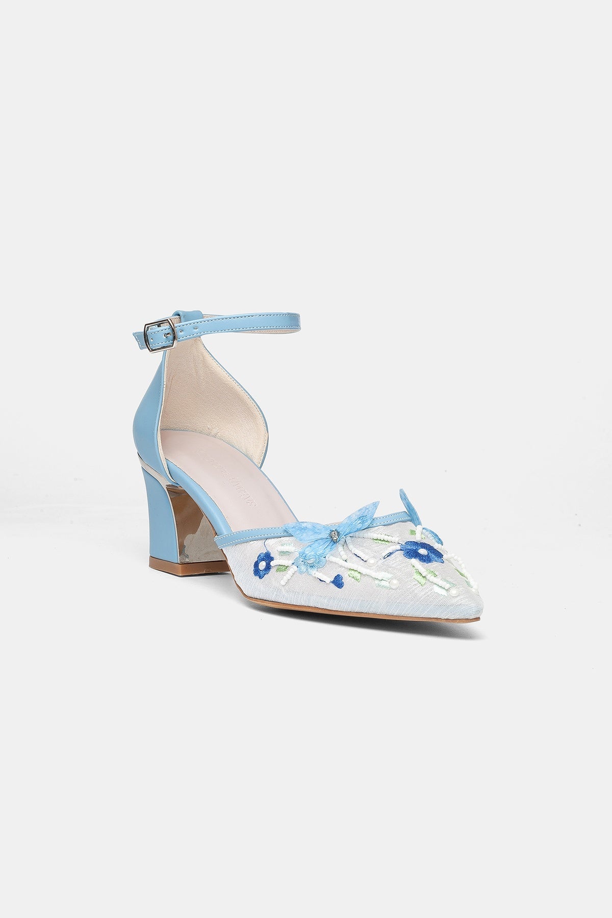 Iry Blue Butterfly Embroidered Mesh Pumps – front three-quarter view showing mesh, metallic, blue, Vowalisse