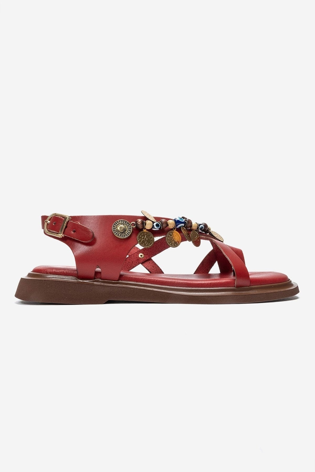 HUSH - Red Genuine Leather Toe-Post Sandal – heel view showing leather, red, Vowalisse