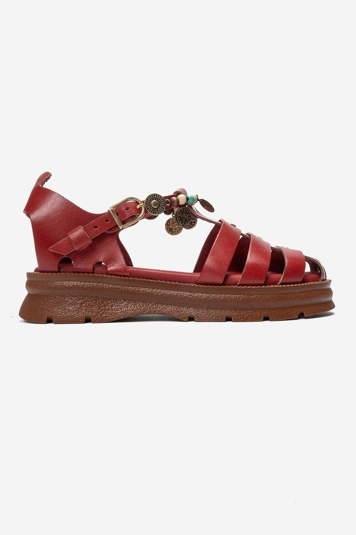 SOLIS - Red Genuine Leather Beaded Sandal – heel view showing leather, beaded, red, Vowalisse