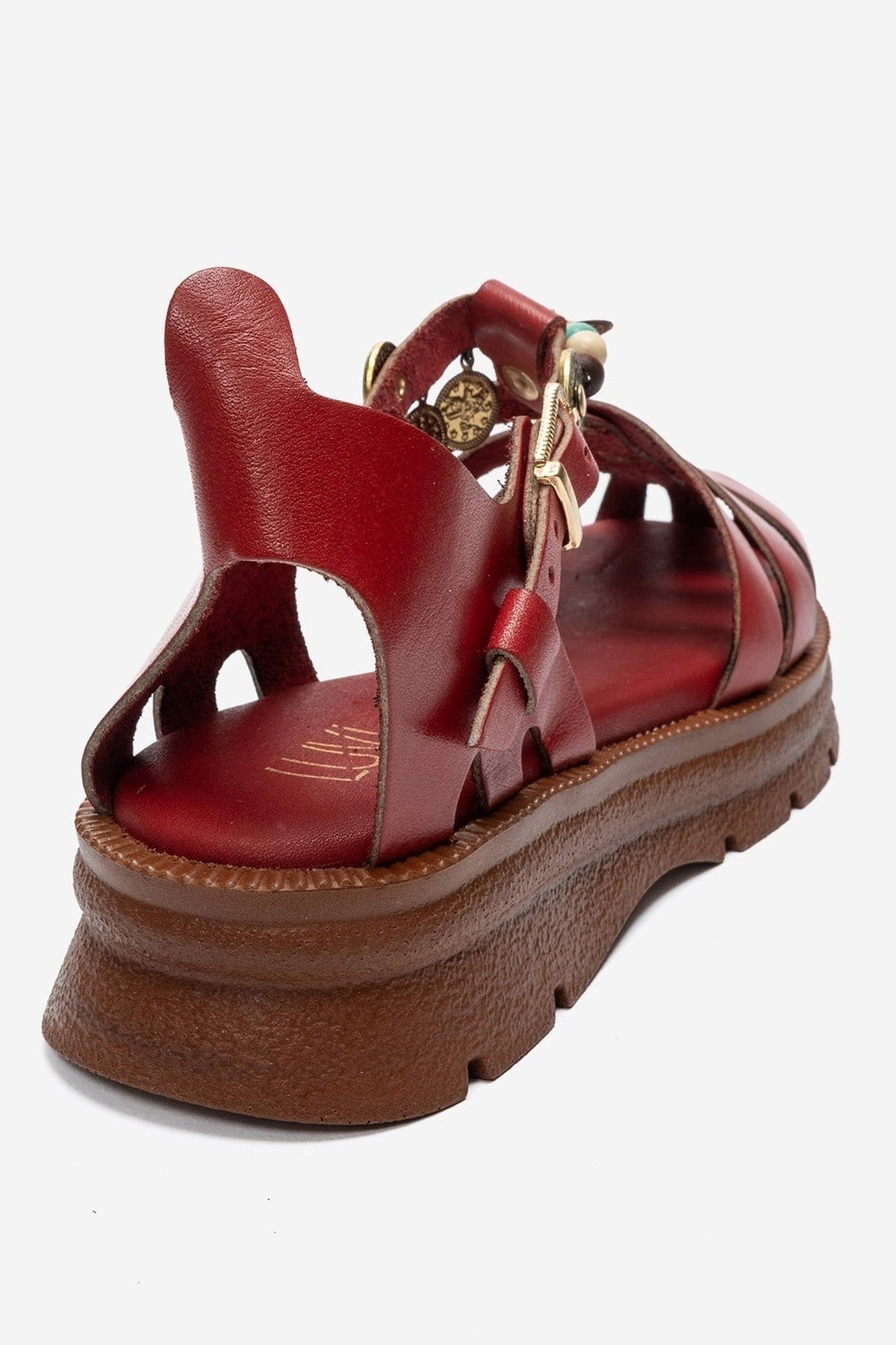 SOLIS - Red Genuine Leather Beaded Sandal – back view showing leather, beaded, red, Vowalisse