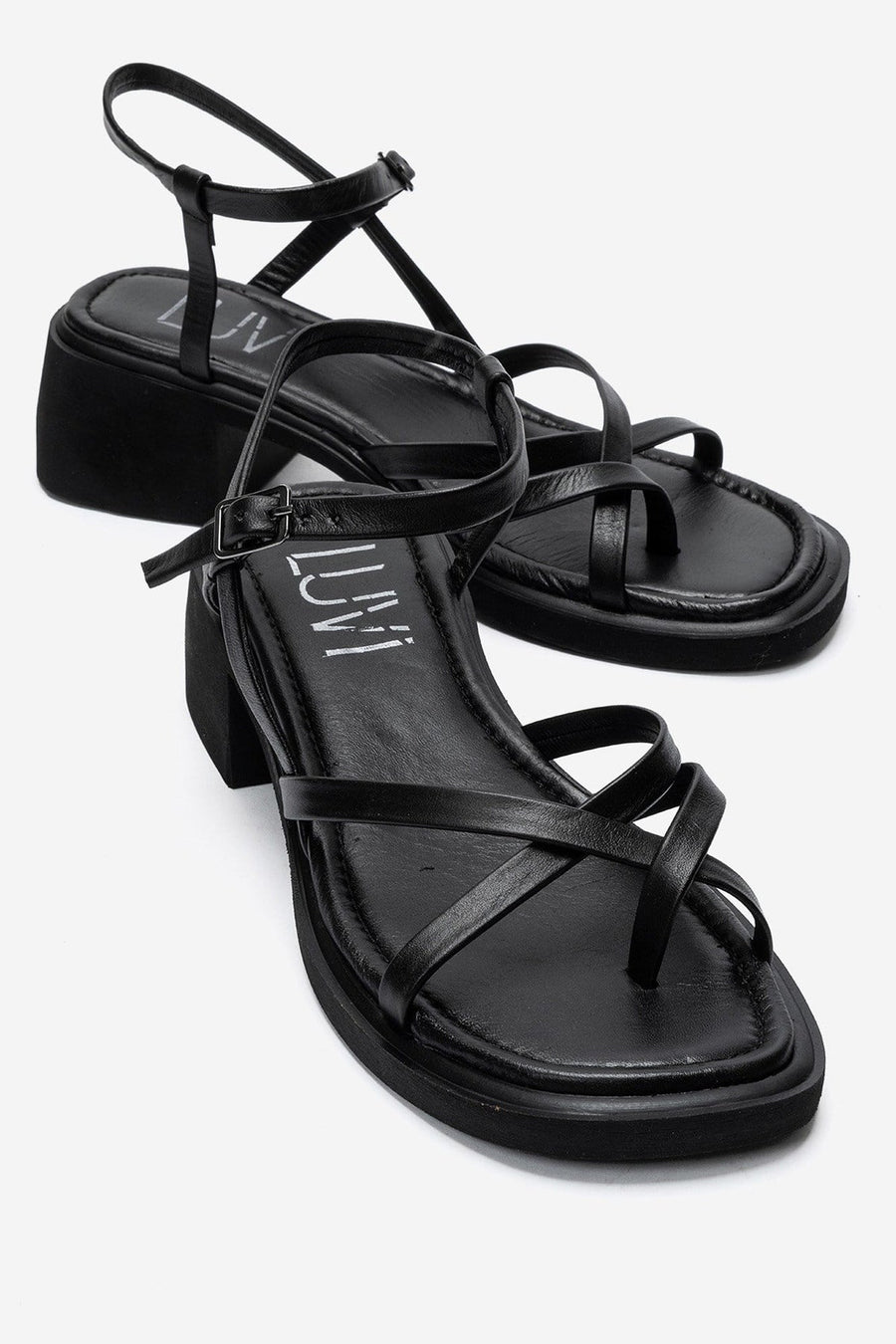 Cirelle - Black Genuine Leather Toe-Post Block Heel Sandal