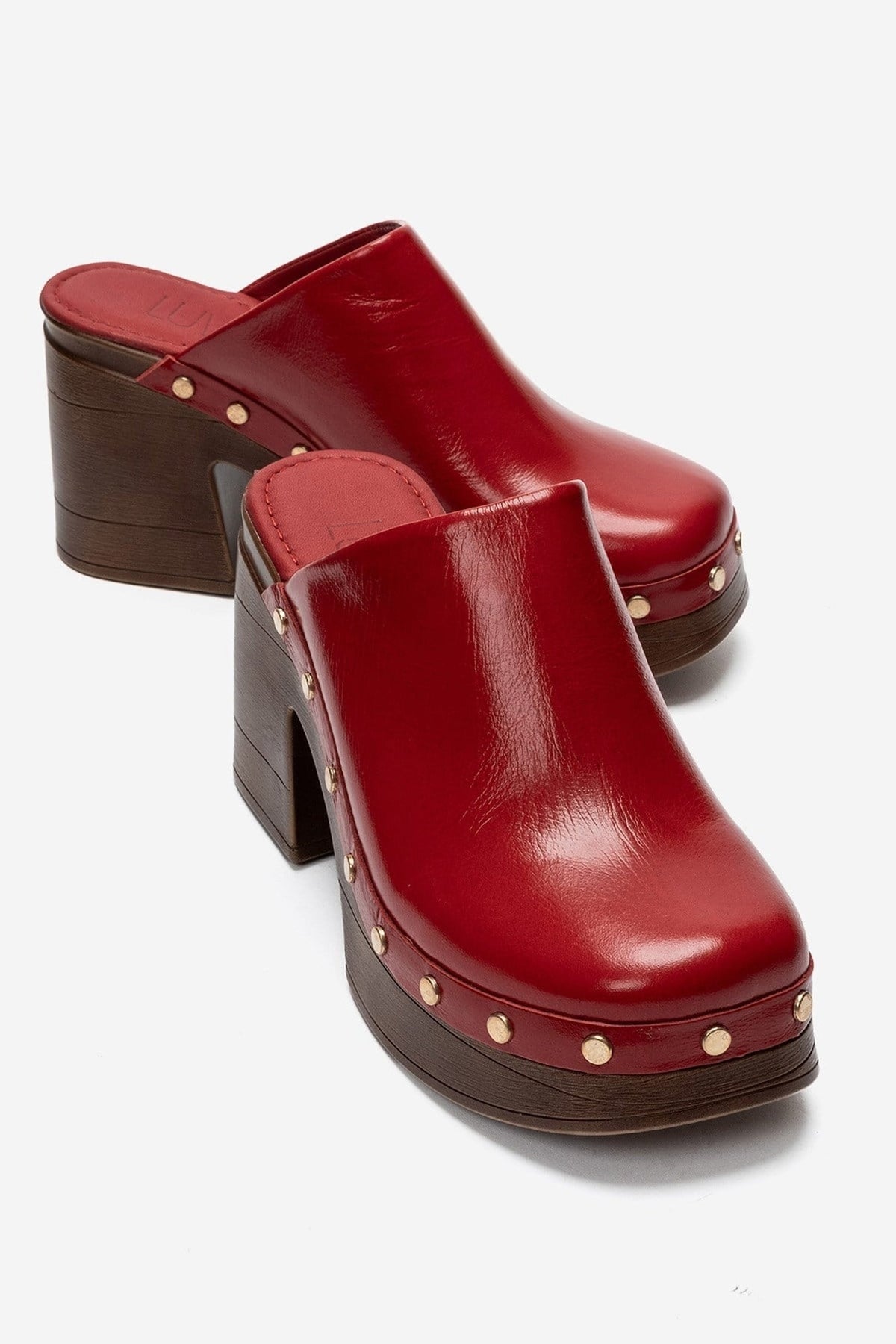 BELLUNE - Red Patent Genuine Leather Platform Mule – front three-quarter view showing leather, red, Vowalisse