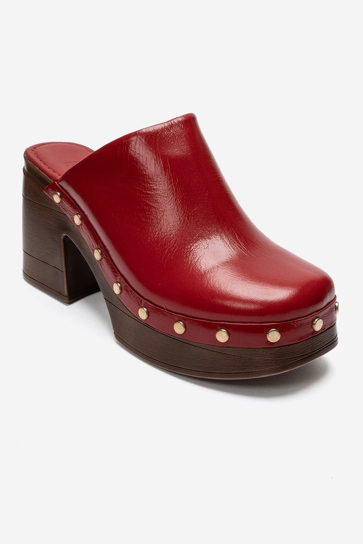 BELLUNE - Red Patent Genuine Leather Platform Mule – detail view showing leather, red, Vowalisse