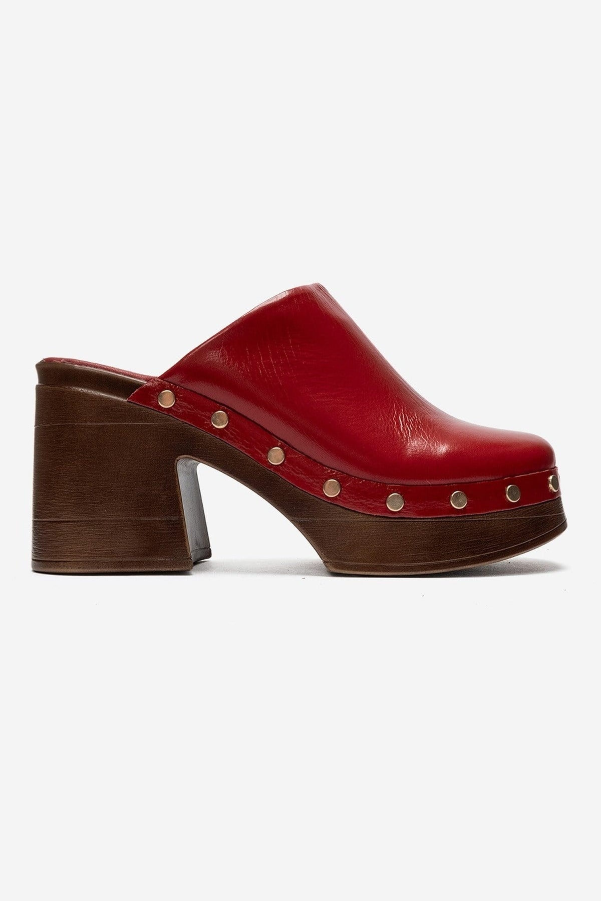 BELLUNE - Red Patent Genuine Leather Platform Mule – heel view showing leather, red, Vowalisse
