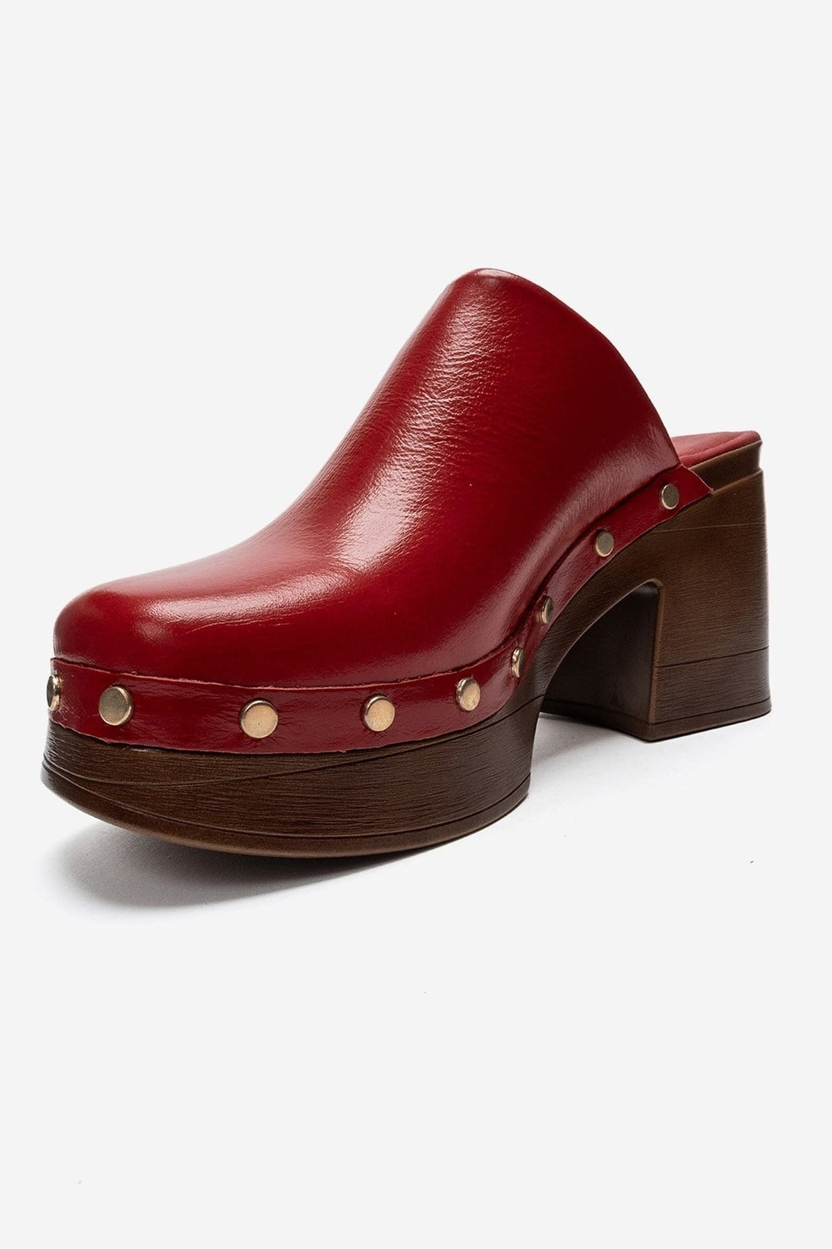 BELLUNE - Red Patent Genuine Leather Platform Mule – top view showing leather, red, Vowalisse