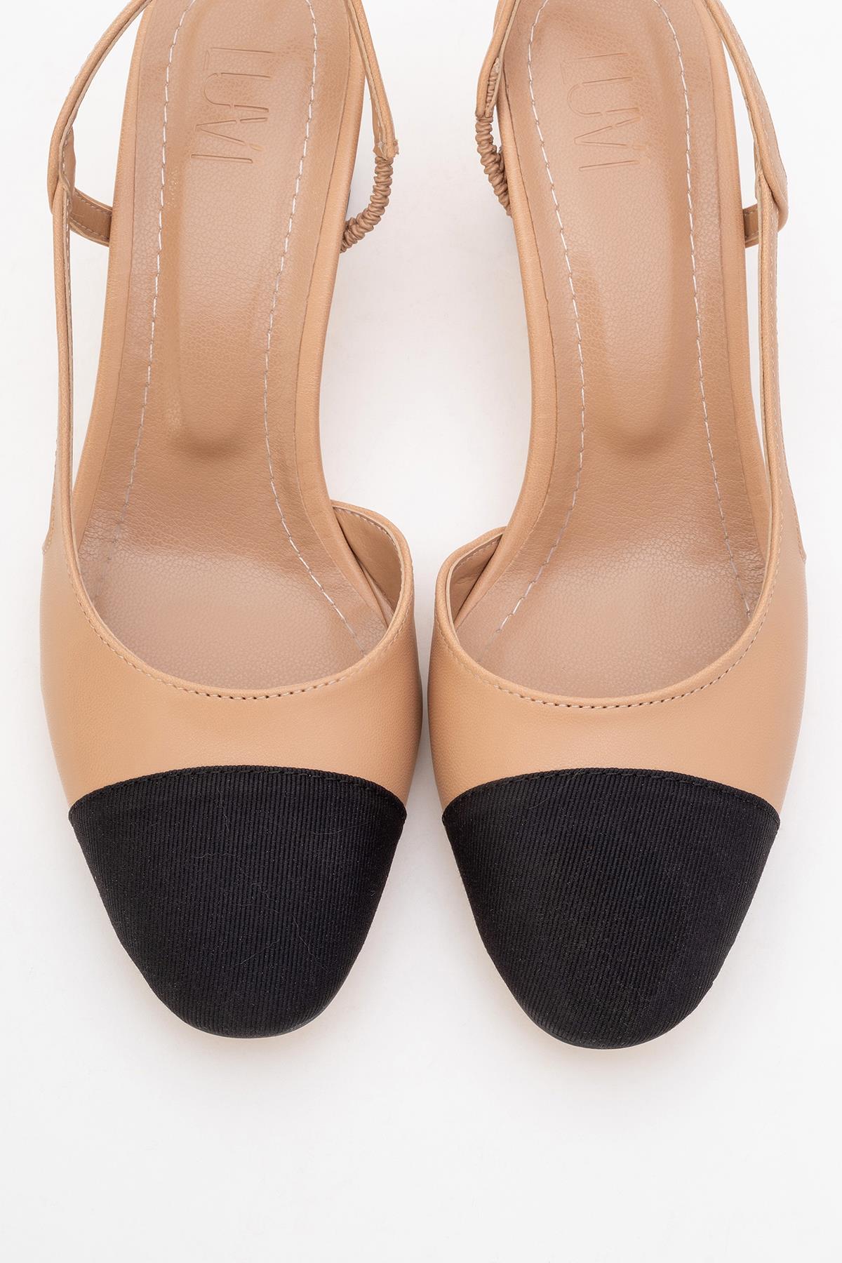S3 - Beige Black Closed Toe Block Heel Sandal – side view showing leather, black, Vowalisse