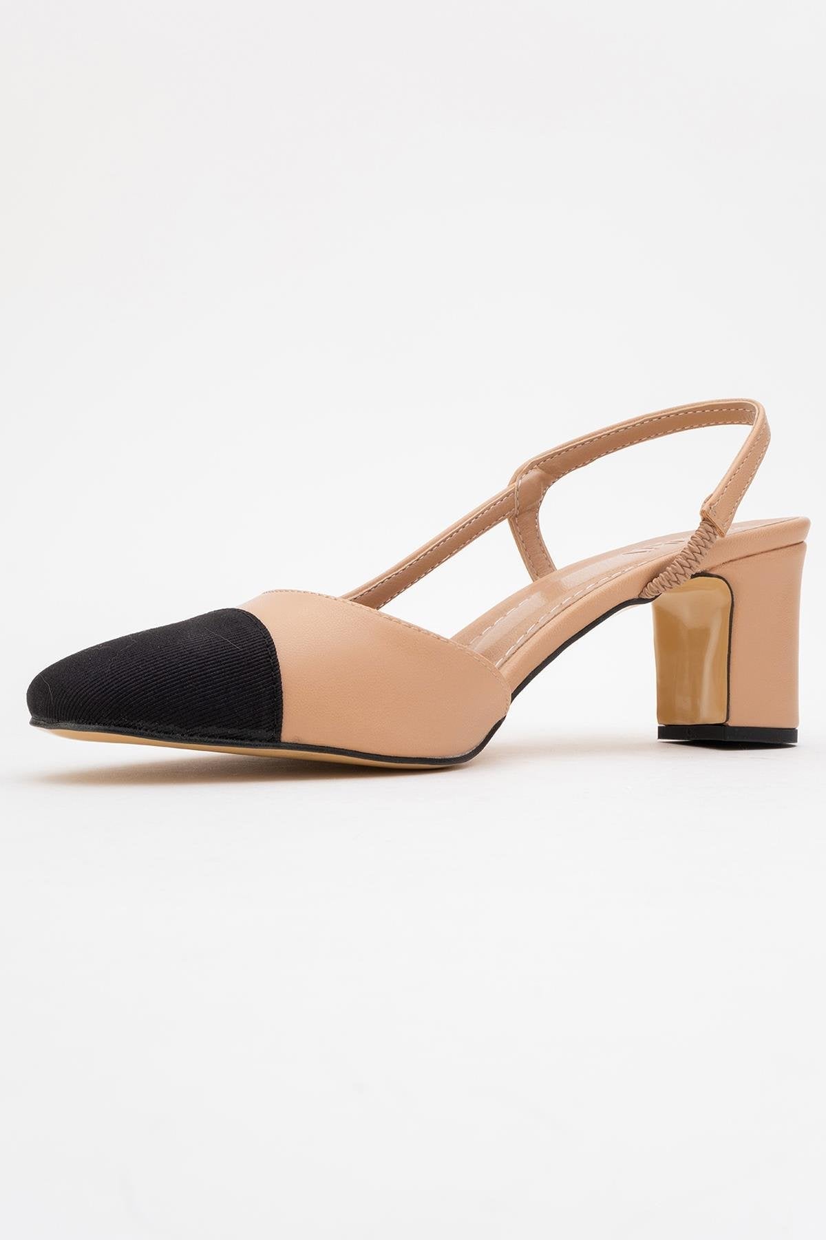 S3 - Beige Black Closed Toe Block Heel Sandal – heel view showing leather, black, Vowalisse