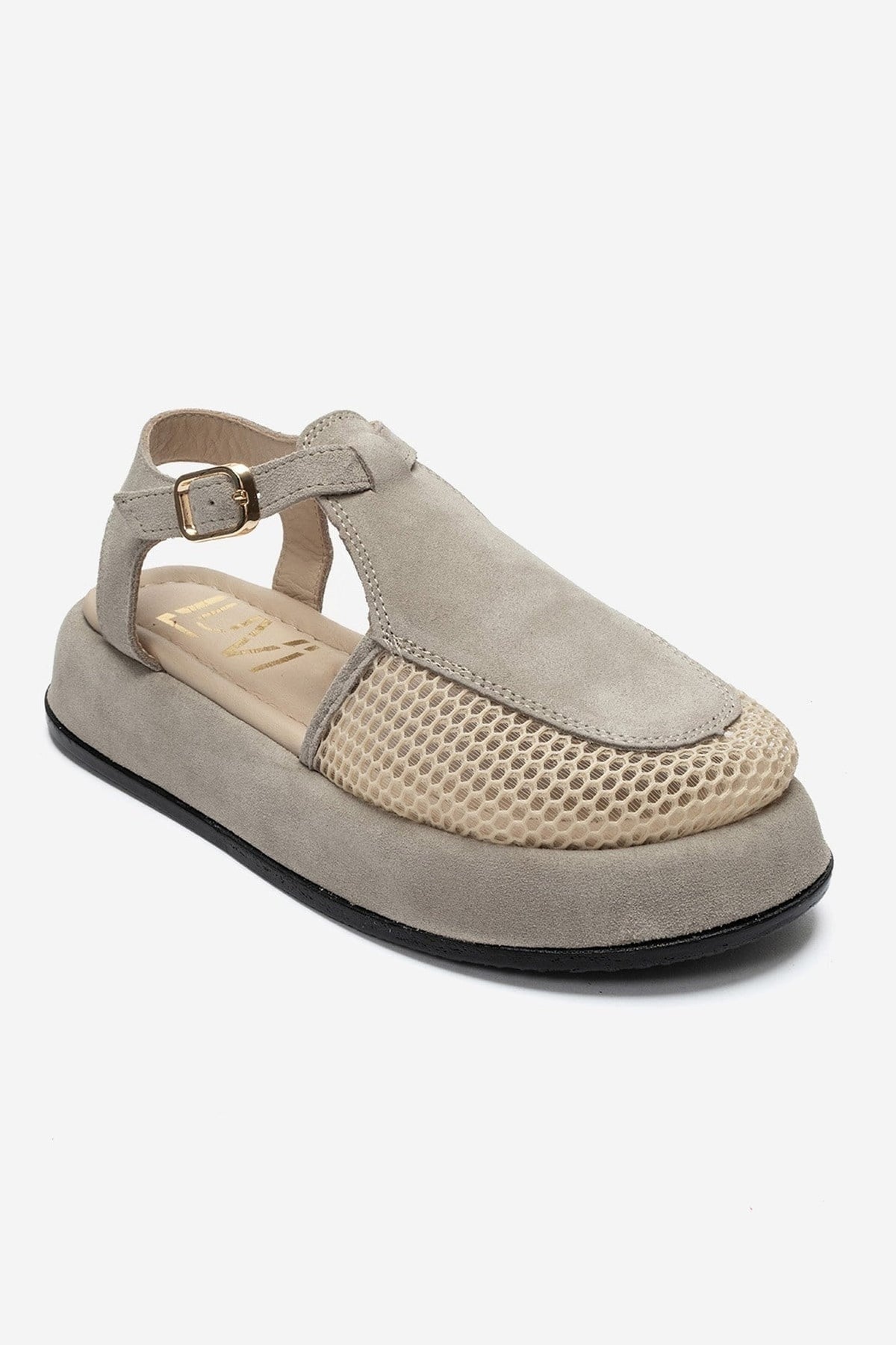 LURELIA - Beige Genuine Leather Platform Sandal – detail view showing leather, suede, mesh, Vowalisse