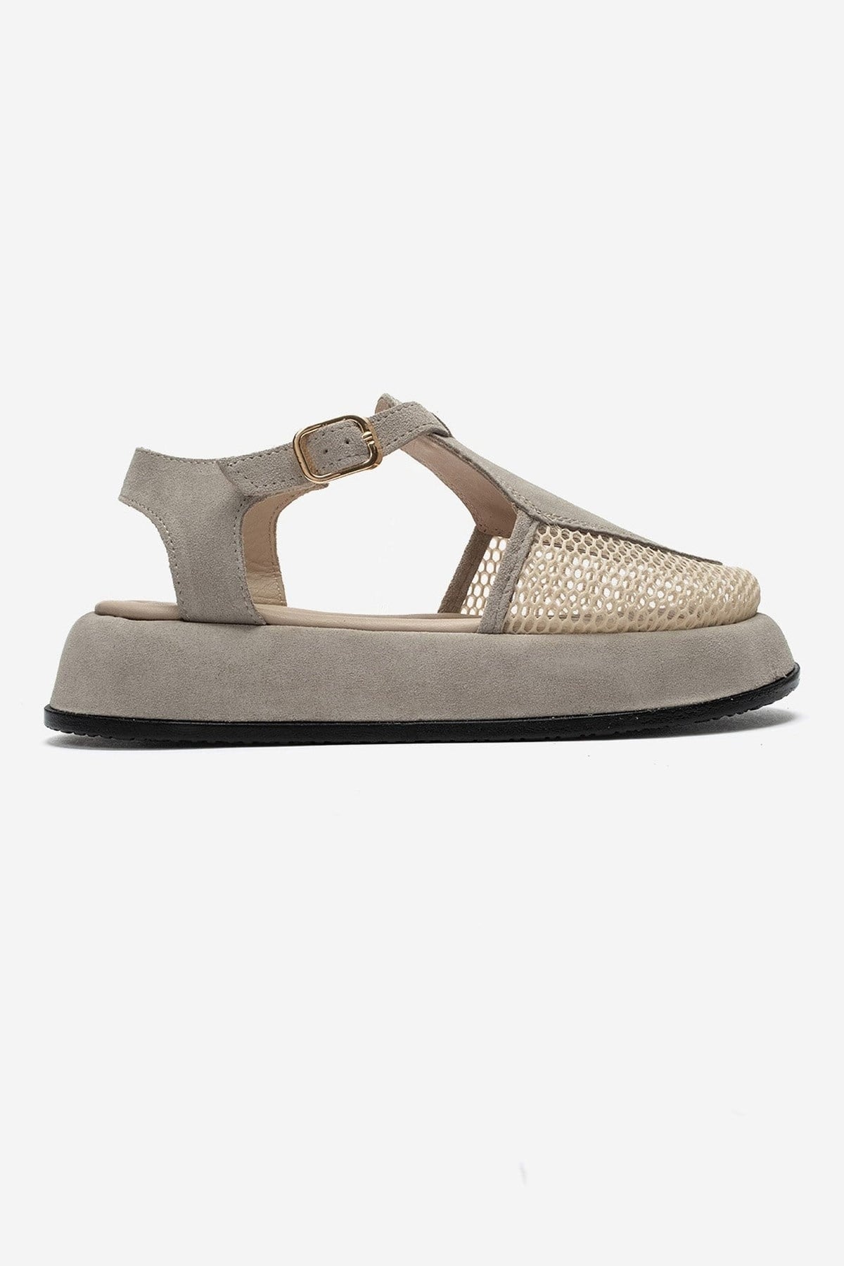 LURELIA - Beige Genuine Leather Platform Sandal – heel view showing leather, suede, mesh, Vowalisse
