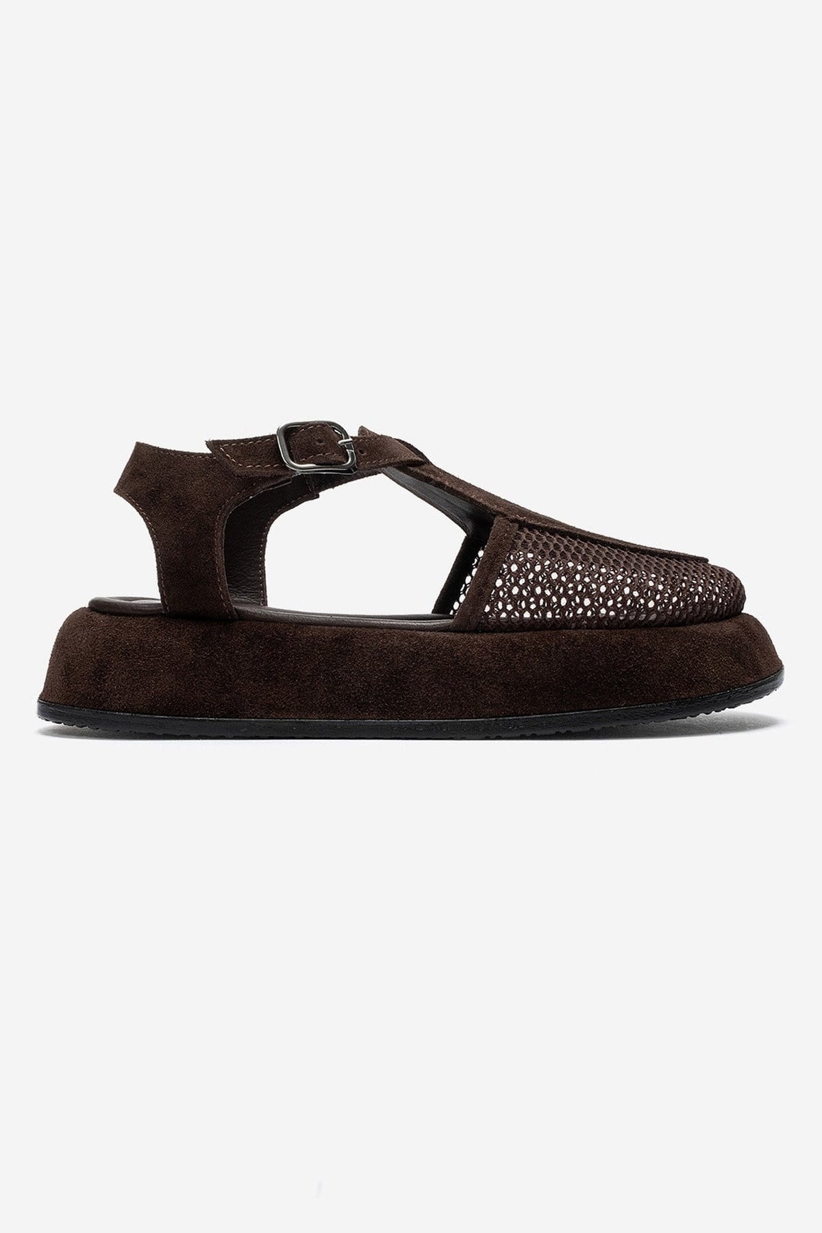 LURELIA - Brown Genuine Leather Platform Sandal – heel view showing leather, suede, mesh, Vowalisse