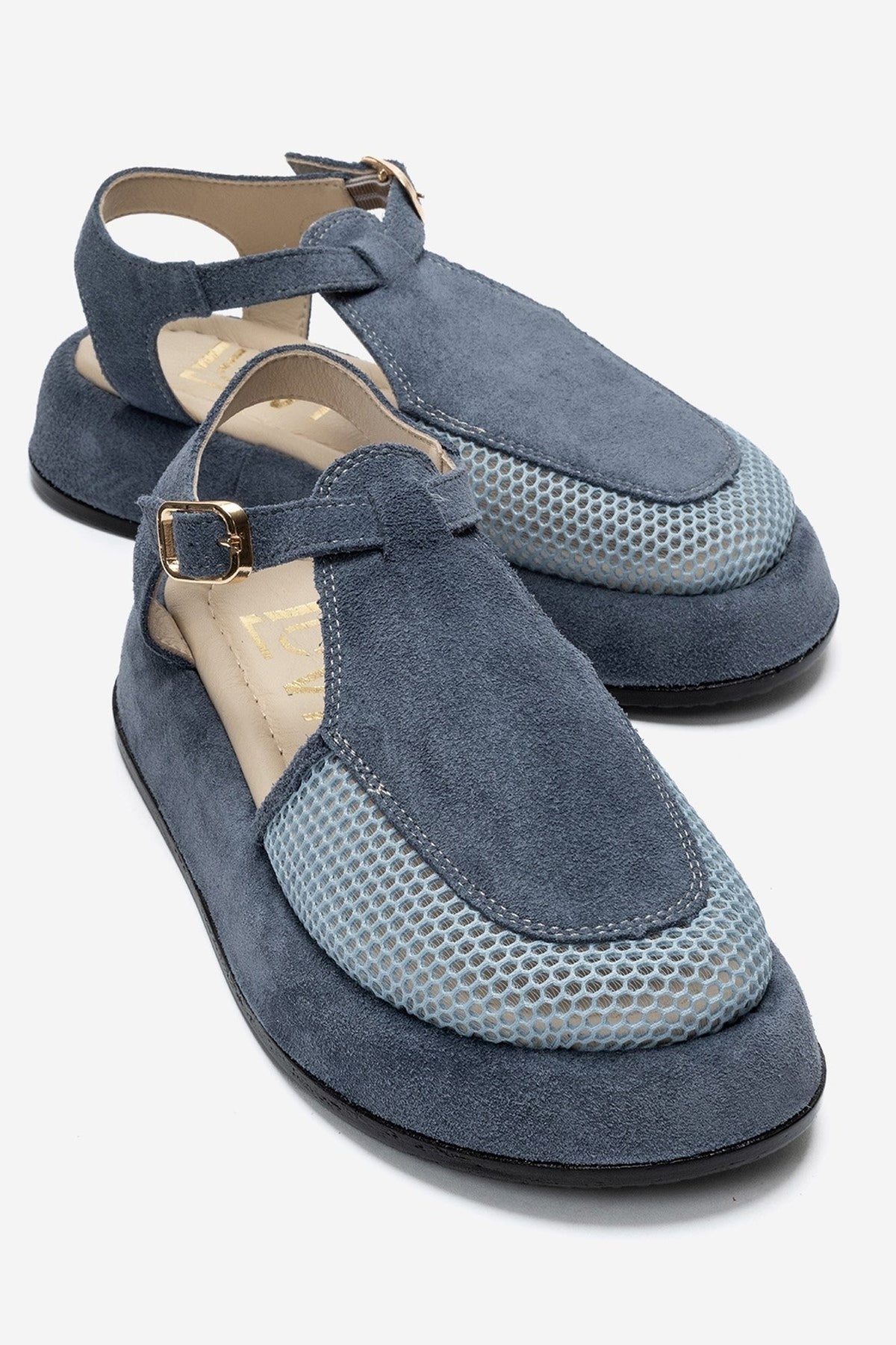 LURELIA - Denim Blue Genuine Leather Platform Sandal – front three-quarter view showing leather, suede, mesh, Vowalisse