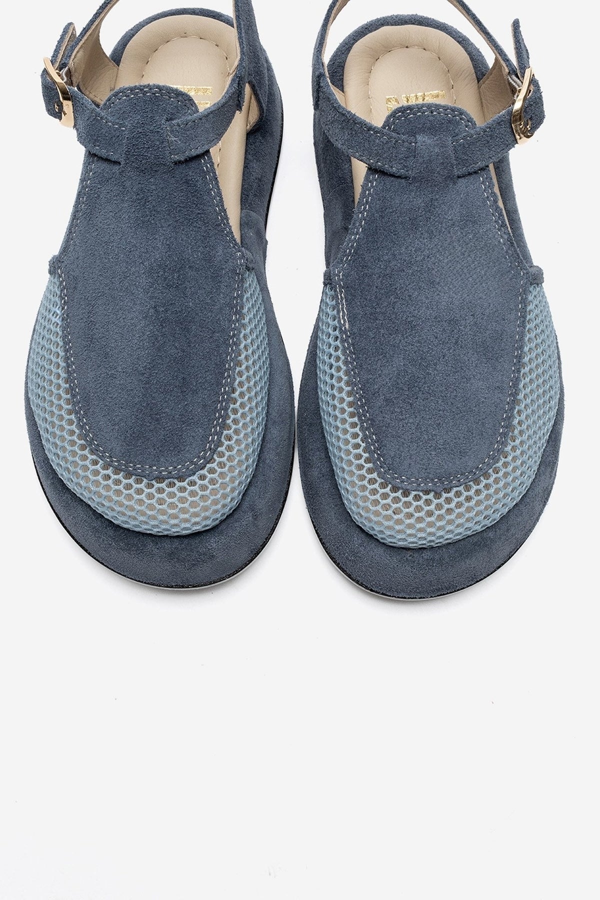 LURELIA - Denim Blue Genuine Leather Platform Sandal – side view showing leather, suede, mesh, Vowalisse