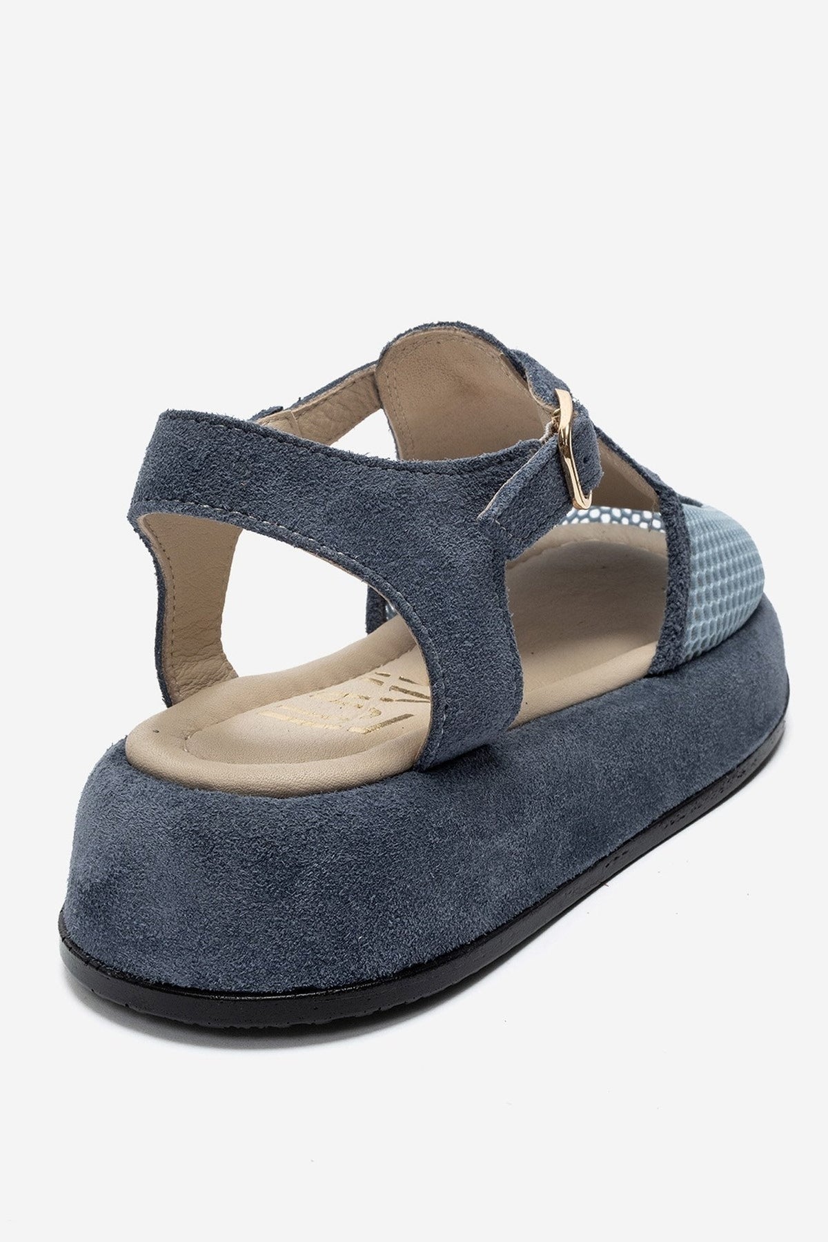 LURELIA - Denim Blue Genuine Leather Platform Sandal – back view showing leather, suede, mesh, Vowalisse