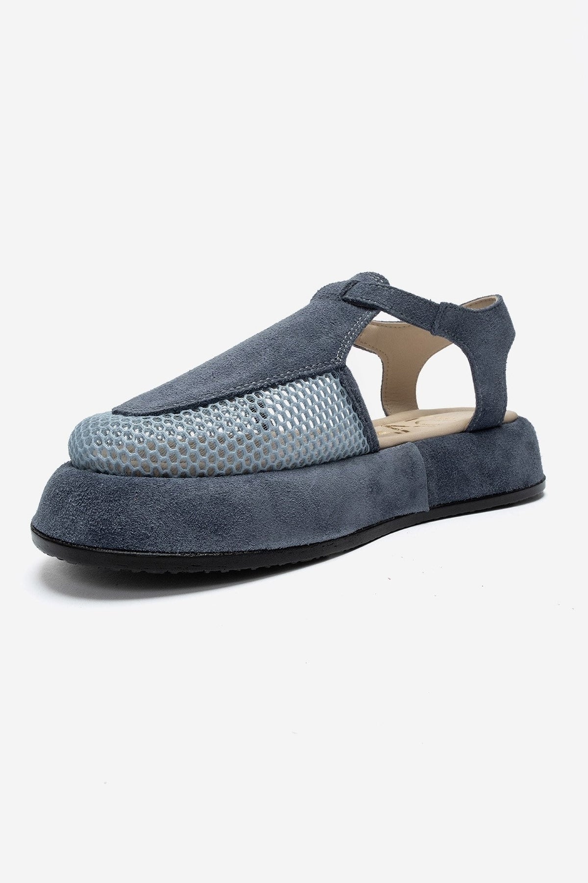 LURELIA - Denim Blue Genuine Leather Platform Sandal – top view showing leather, suede, mesh, Vowalisse