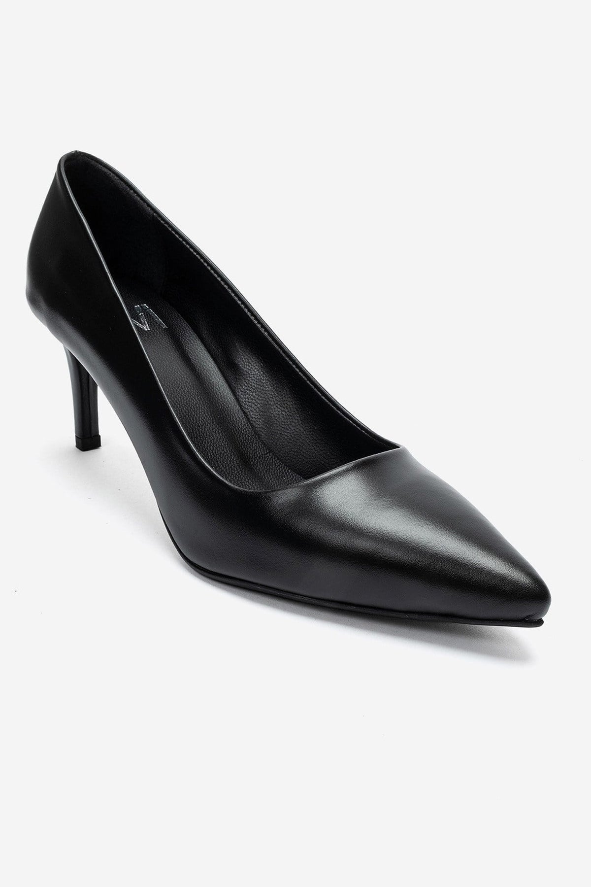 Clyde - Black Genuine Leather Stiletto Pump – detail view showing leather, black, Vowalisse