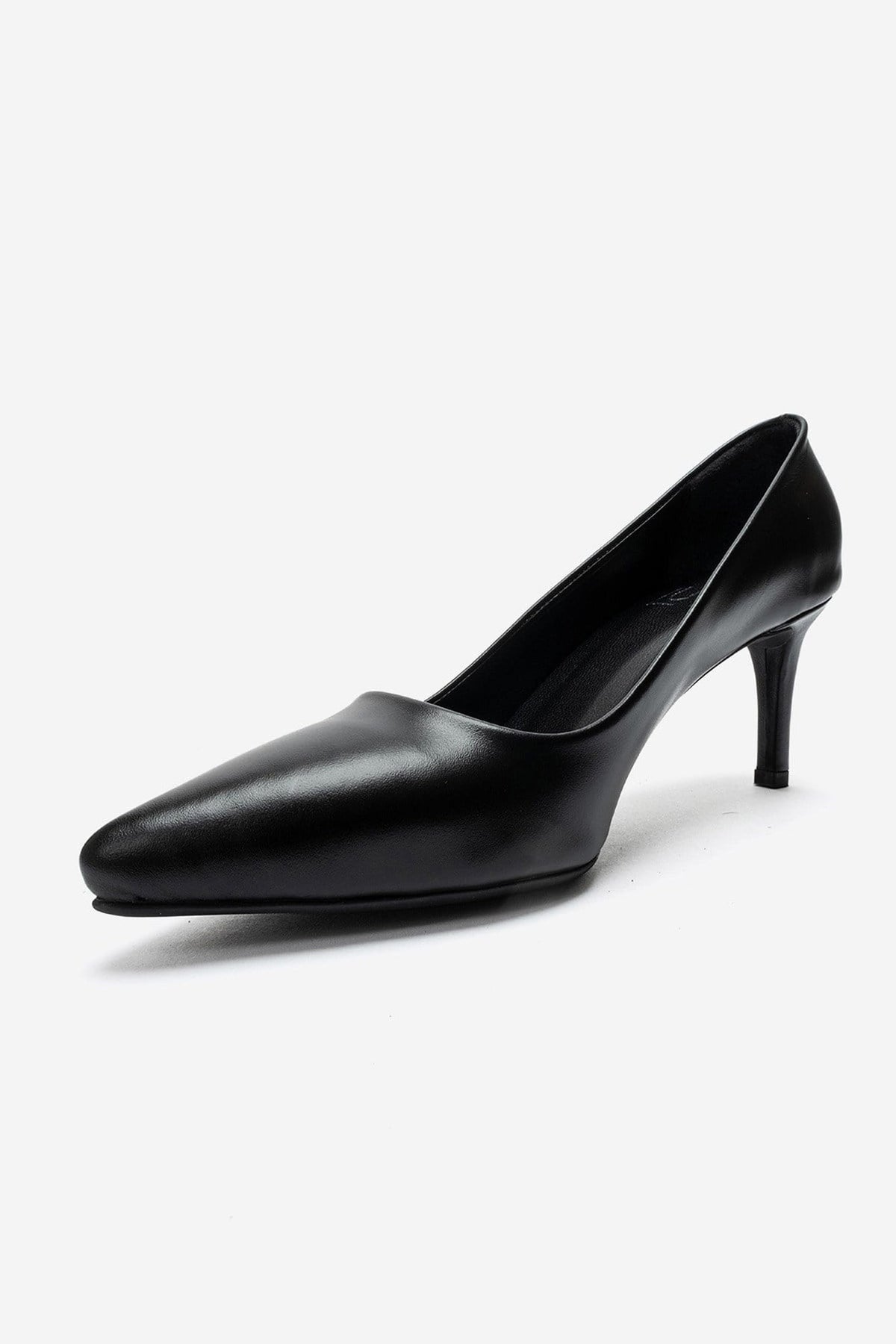 Clyde - Black Genuine Leather Stiletto Pump – top view showing leather, black, Vowalisse