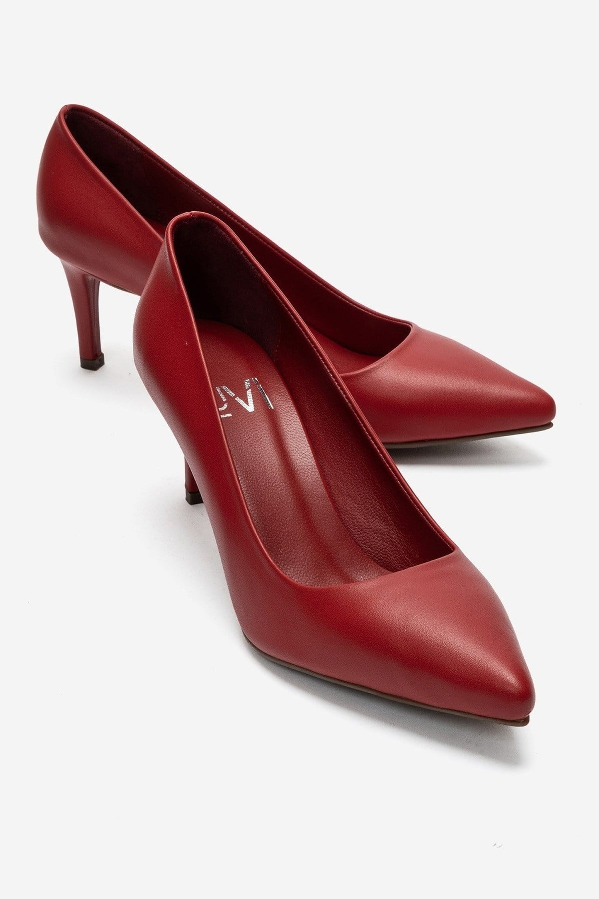 CLYDE - Red Genuine Leather Stiletto Pump – front three-quarter view showing leather, red, Vowalisse