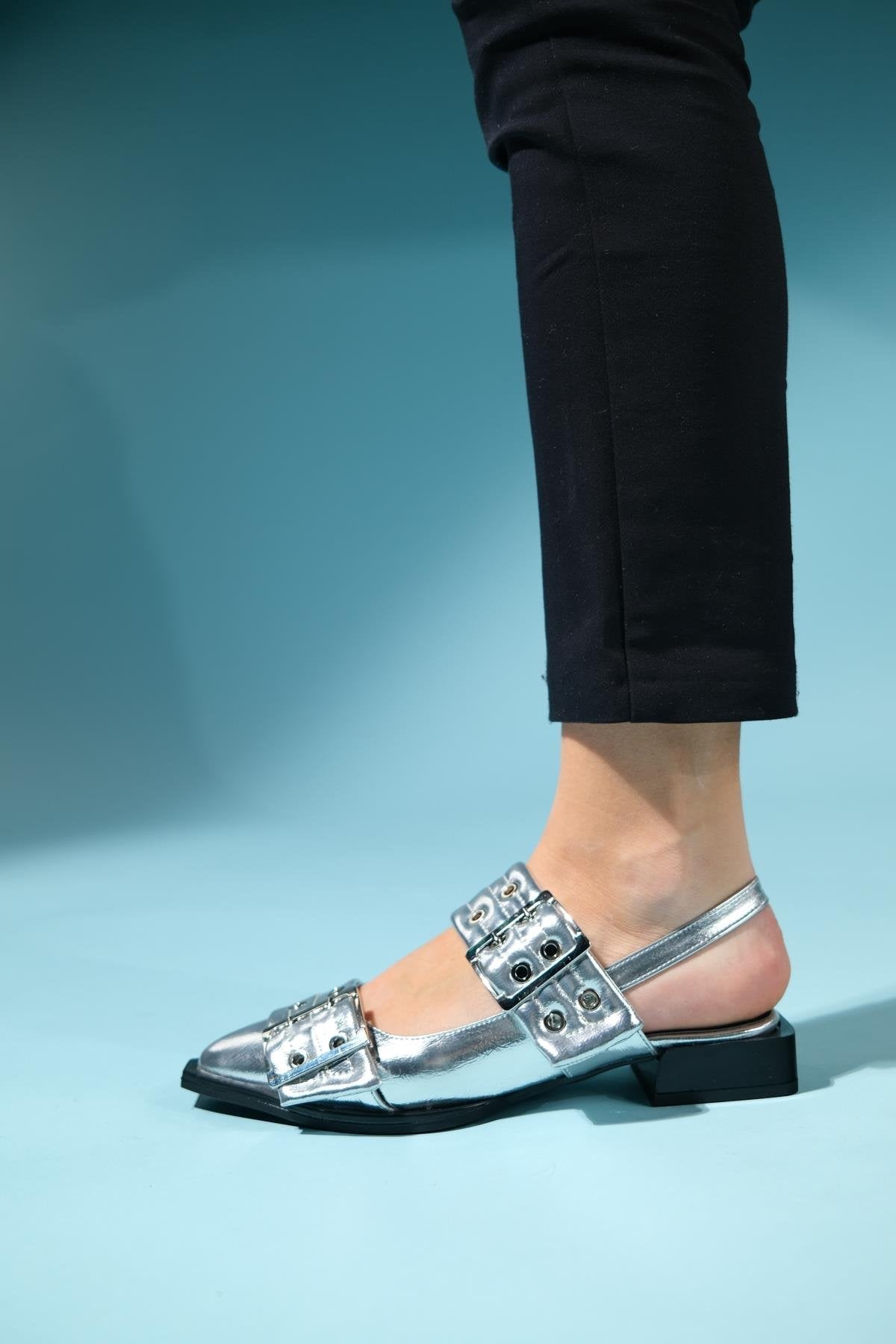 Paloma - Silver Buckle Sandal – back view showing leather, silver, Vowalisse