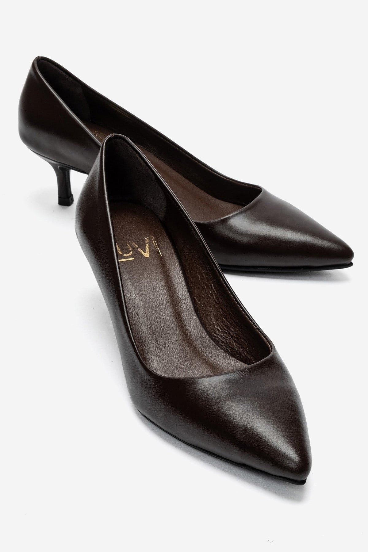 JALEN - Brown Genuine Leather Stiletto Pump – front three-quarter view showing leather, Vowalisse