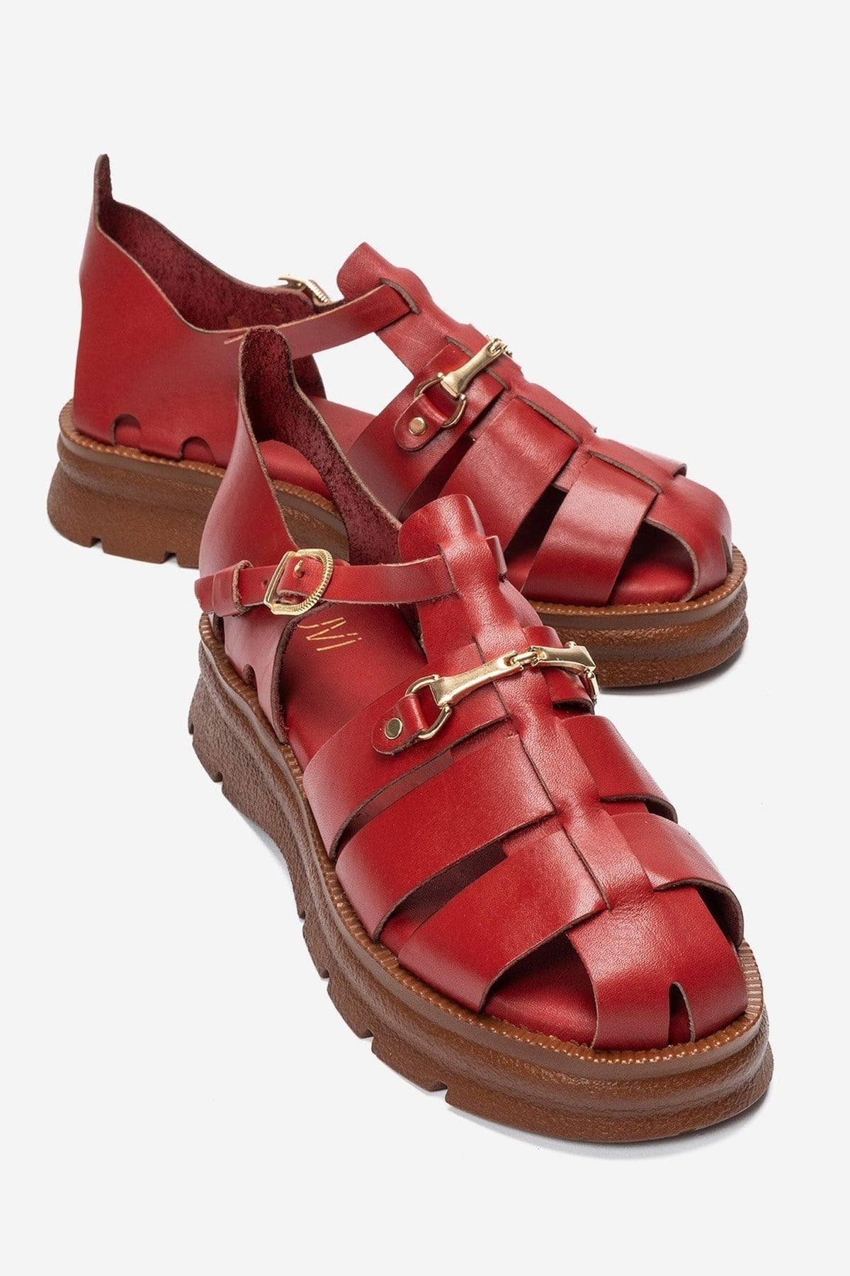 RIELA - Red Genuine Leather Multi-Strap Closed-Back Buckle Sandal – front three-quarter view showing leather, red…