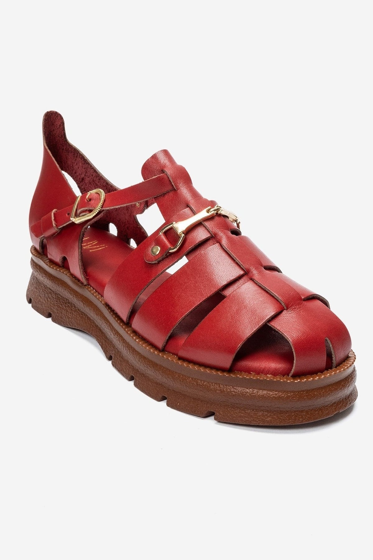 RIELA - Red Genuine Leather Multi-Strap Closed-Back Buckle Sandal – detail view showing leather, red, Vowalisse
