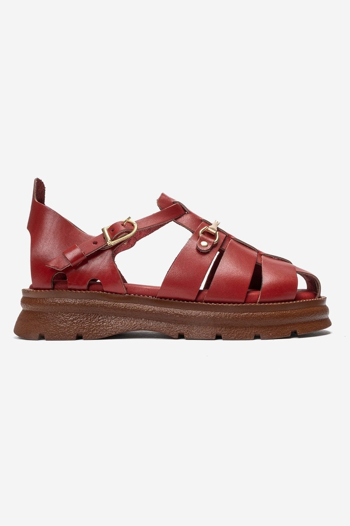 RIELA - Red Genuine Leather Multi-Strap Closed-Back Buckle Sandal – heel view showing leather, red, Vowalisse