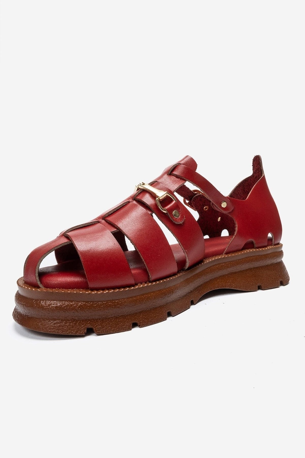 RIELA - Red Genuine Leather Multi-Strap Closed-Back Buckle Sandal – top view showing leather, red, Vowalisse