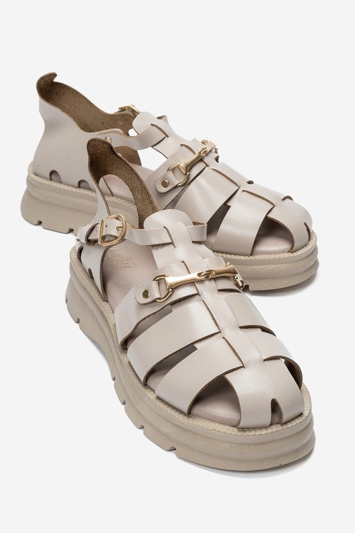RIELA - Beige Genuine Leather Multi-Strap Closed-Back Buckle Sandal – front three-quarter view showing leather, Vowalisse