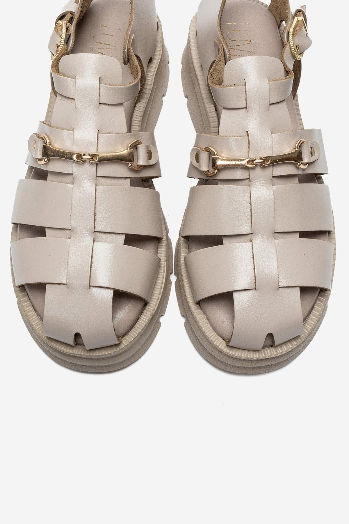 RIELA - Beige Genuine Leather Multi-Strap Closed-Back Buckle Sandal – side view showing leather, Vowalisse
