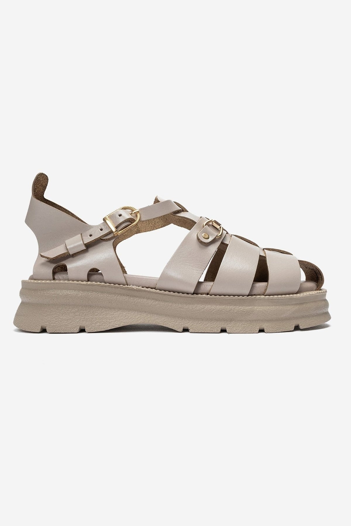 RIELA - Beige Genuine Leather Multi-Strap Closed-Back Buckle Sandal – heel view showing leather, Vowalisse
