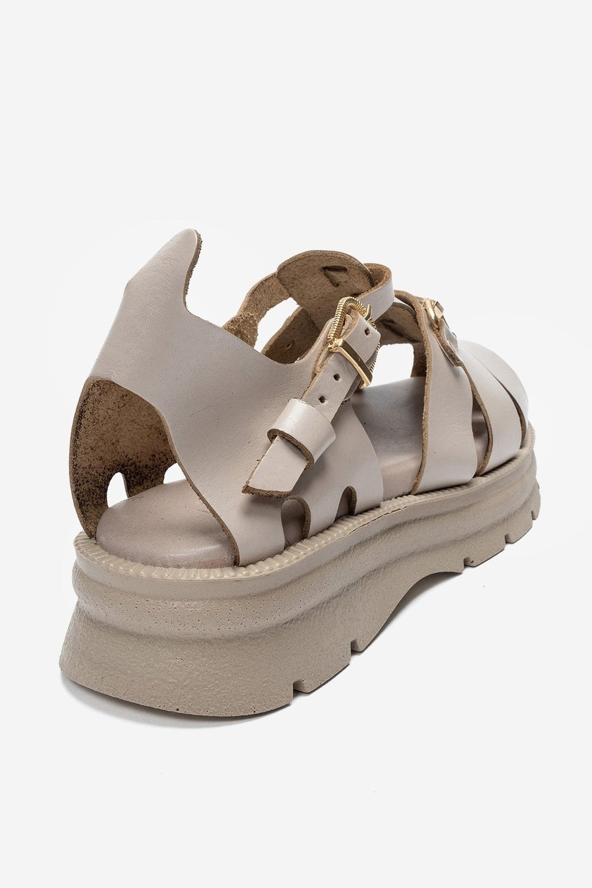 RIELA - Beige Genuine Leather Multi-Strap Closed-Back Buckle Sandal – back view showing leather, Vowalisse