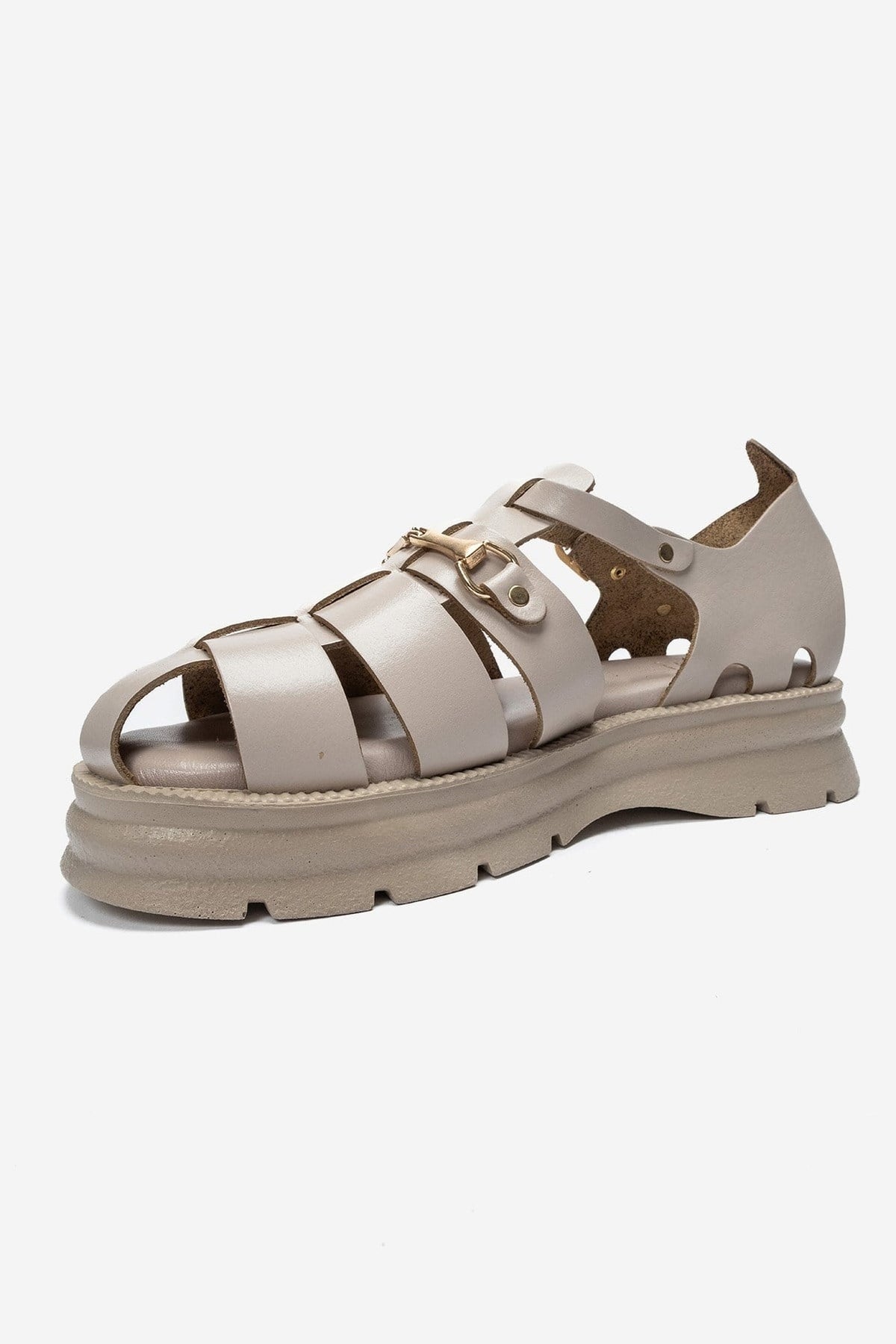 RIELA - Beige Genuine Leather Multi-Strap Closed-Back Buckle Sandal – top view showing leather, Vowalisse