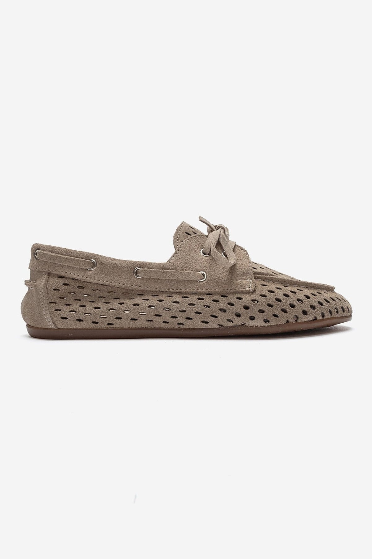 Stevo - Beige Genuine Suede Leather Lace-Up Loafer – heel view showing lace, leather, suede, Vowalisse