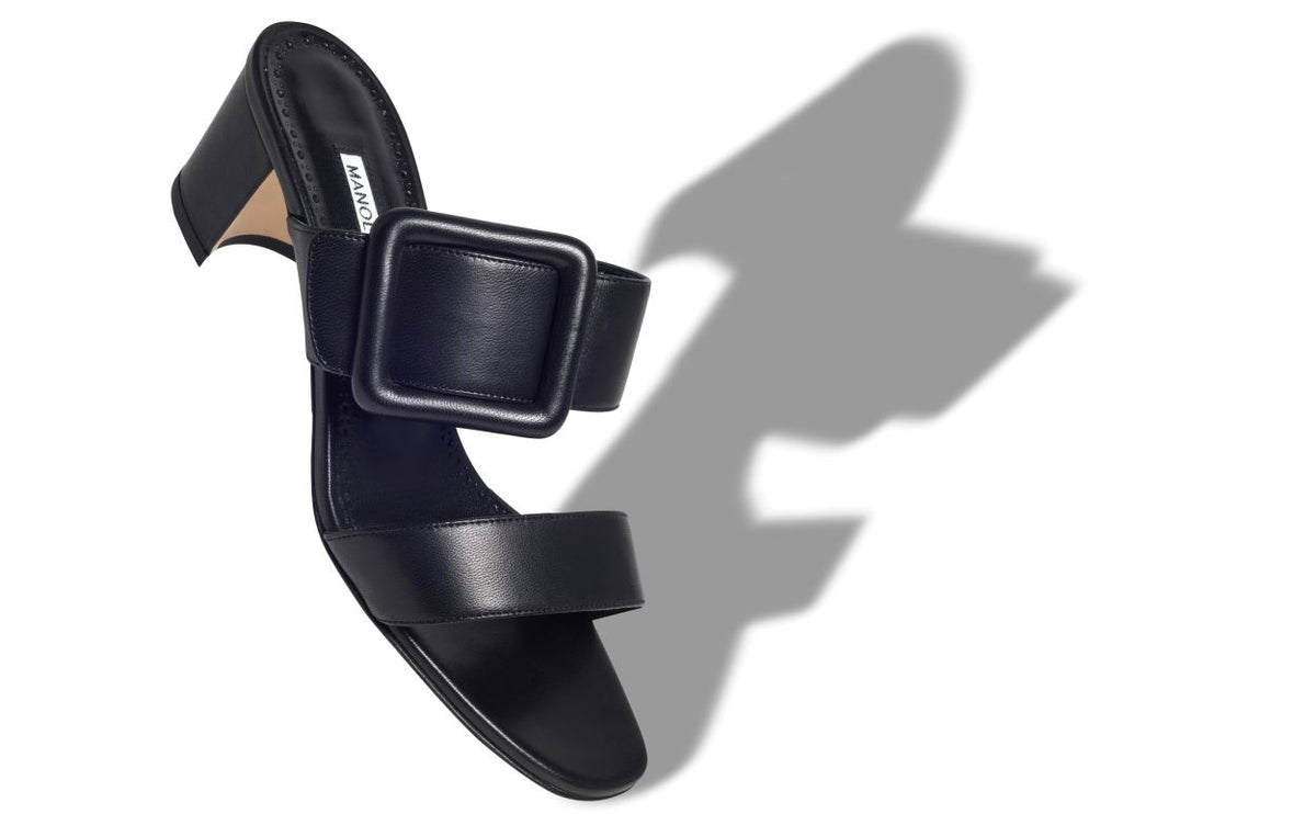 Lucienne Pearl Black Open Toe Mules – front three-quarter view showing black open toe, nappa leather, Vowalisse