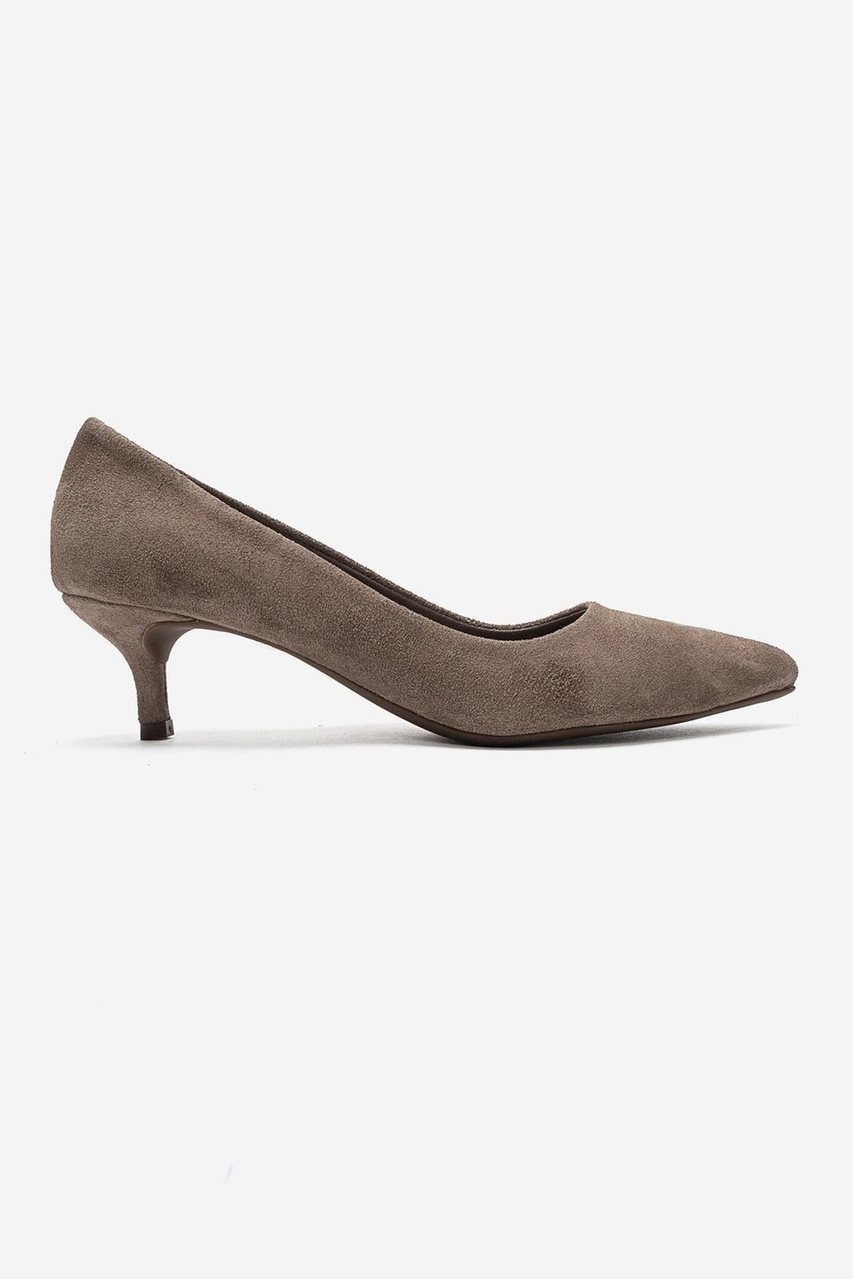 JALEN - Taupe Genuine Leather Low Heel Pump – heel view showing leather, suede, Vowalisse