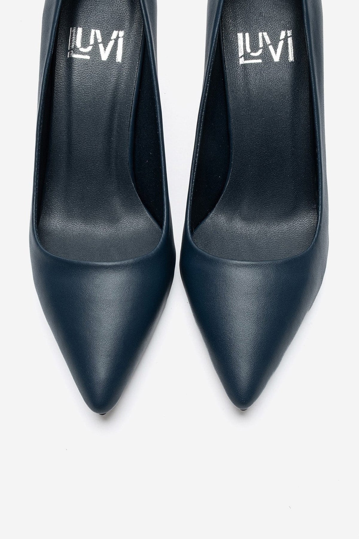 CLYDE - Navy Genuine Leather Stiletto Pump – side view showing leather, Vowalisse