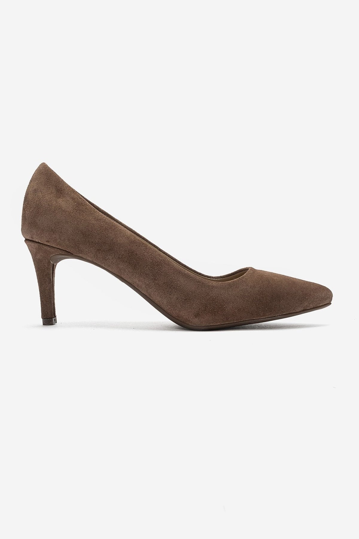 CLYDE - Taupe Suede Genuine Leather Stiletto Pump – heel view showing leather, suede, Vowalisse