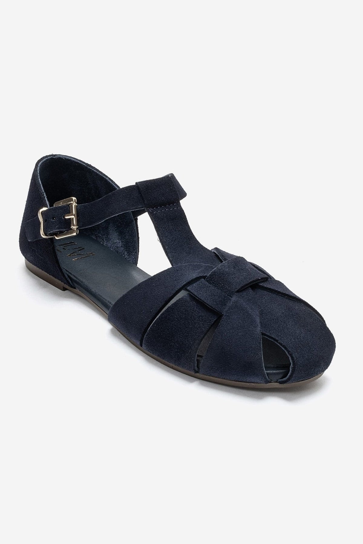 ALINA - Navy Genuine Leather Sandal – detail view showing leather, suede, Vowalisse