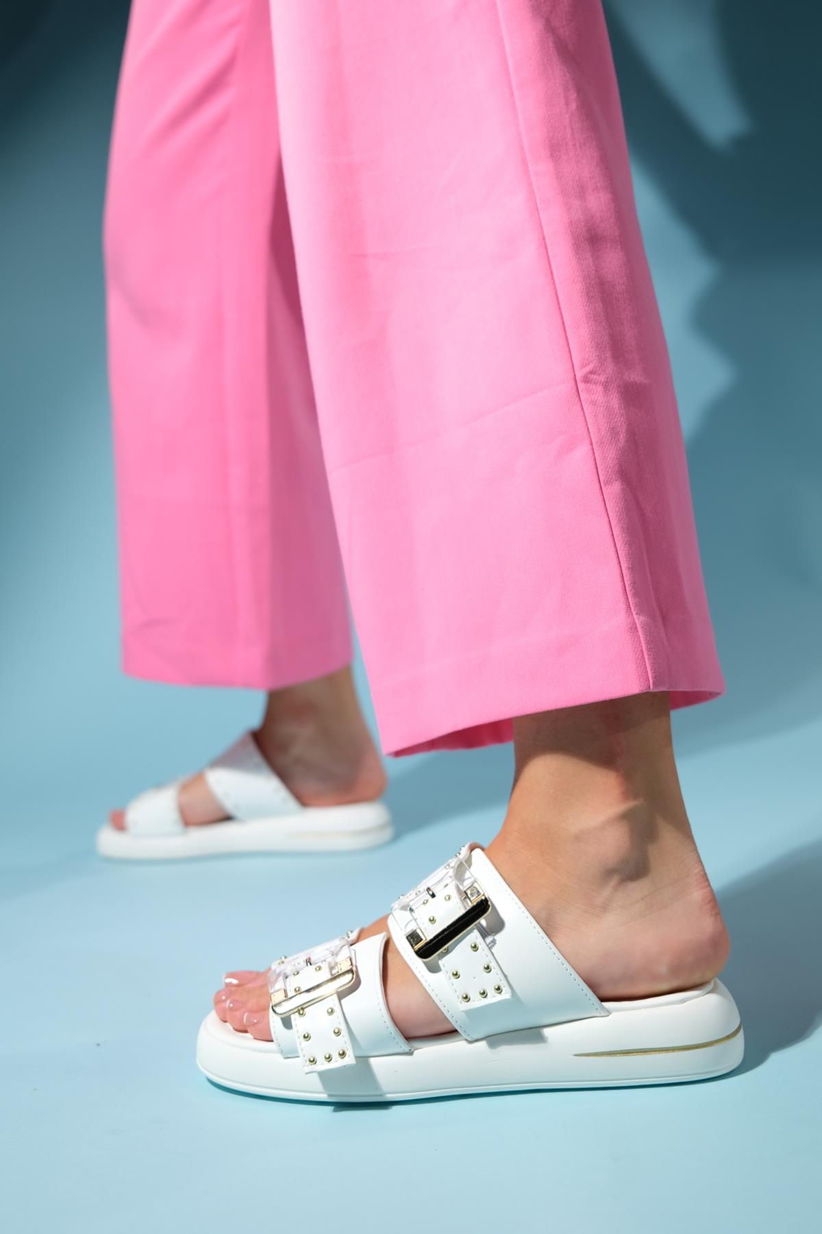 Zley White Buckle Sandal – back view showing leather, white, red, Vowalisse