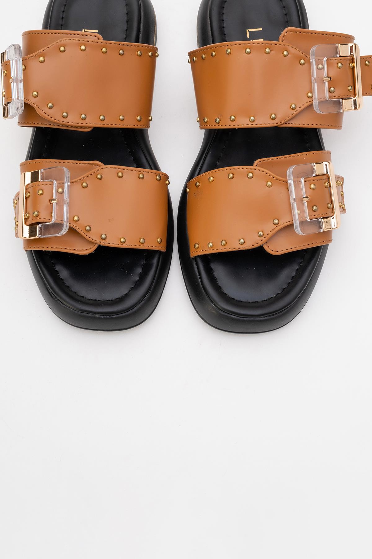 Zley Cognac Buckle Sandal – detail view showing leather, red, Vowalisse