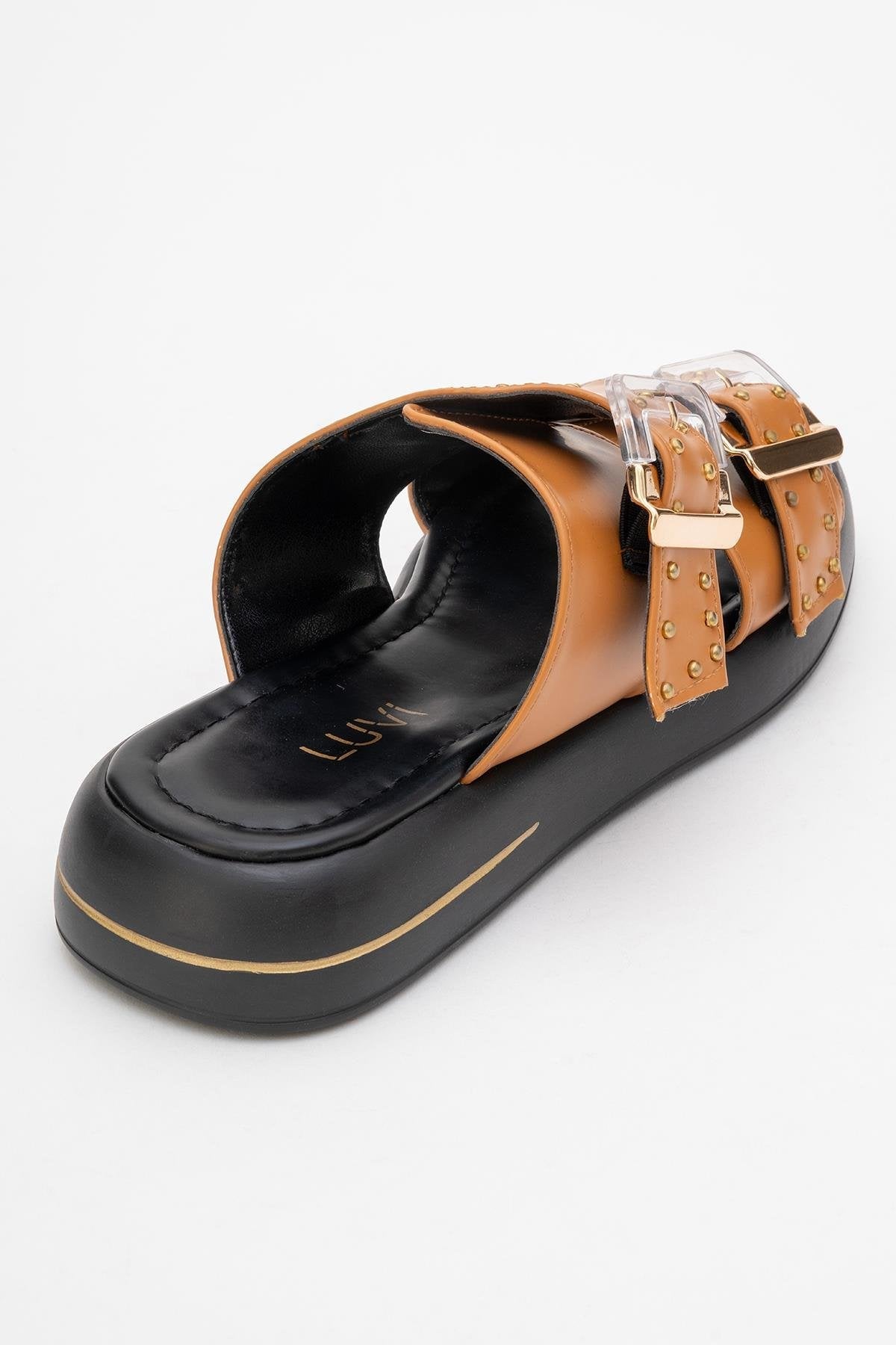 Zley Cognac Buckle Sandal – back view showing leather, red, Vowalisse